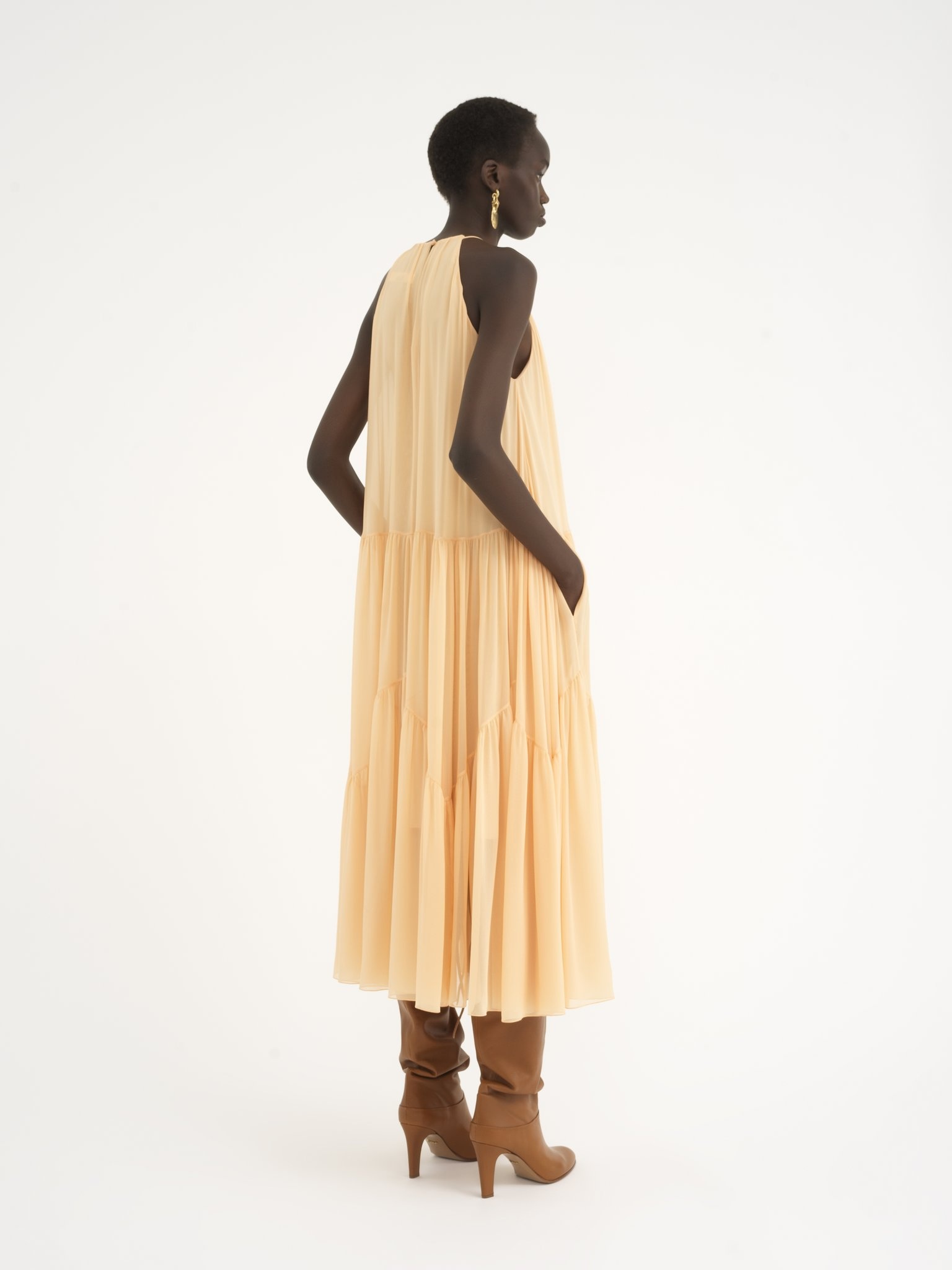 LONG GATHERED SUN DRESS IN SILK GEORGETTE - 5