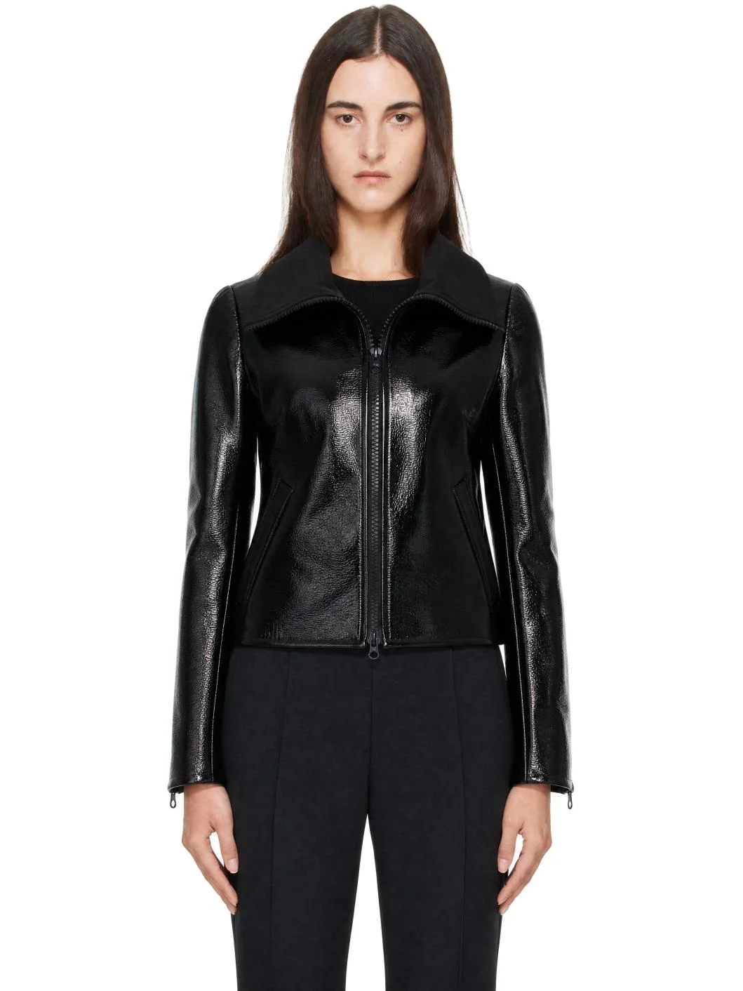 Black High Collar Croc-Embossed Vinyl Jacket - 1