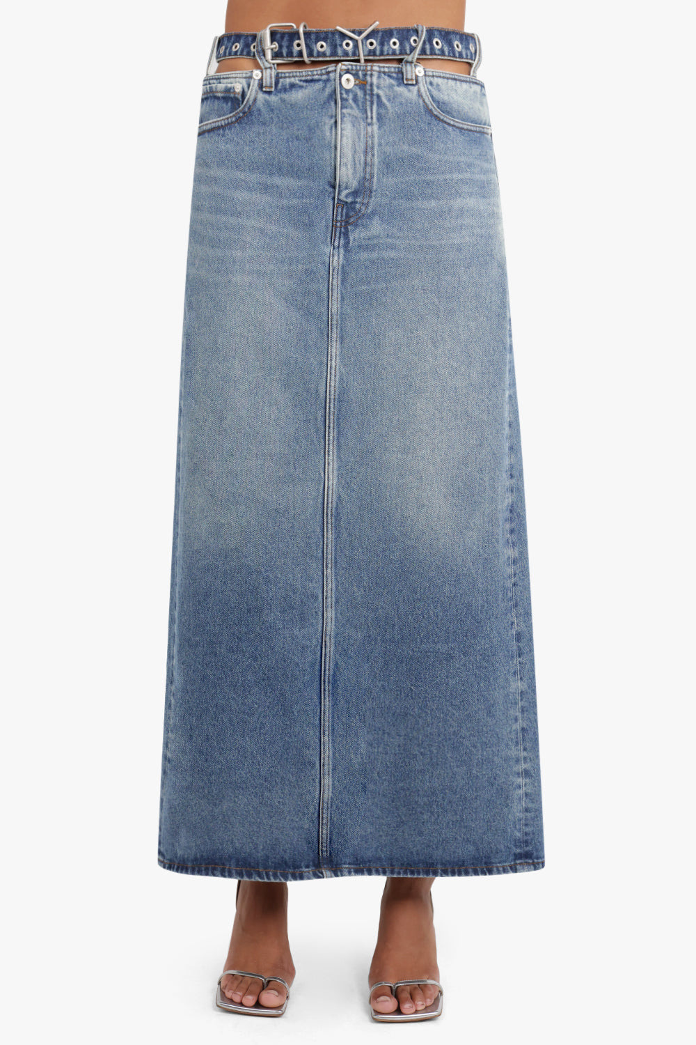 Y BELT DENIM MIDI SKIRT | EVERGREEN VINTAGE BLUE - 2