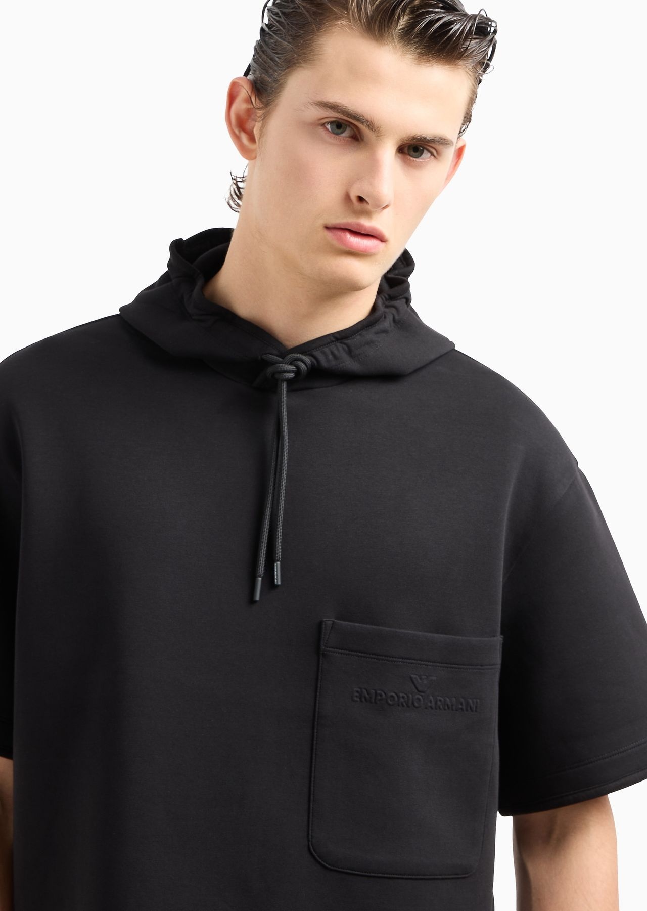 Short-sleeved double-jersey hooded sweatshirt with a patch pocket - 8