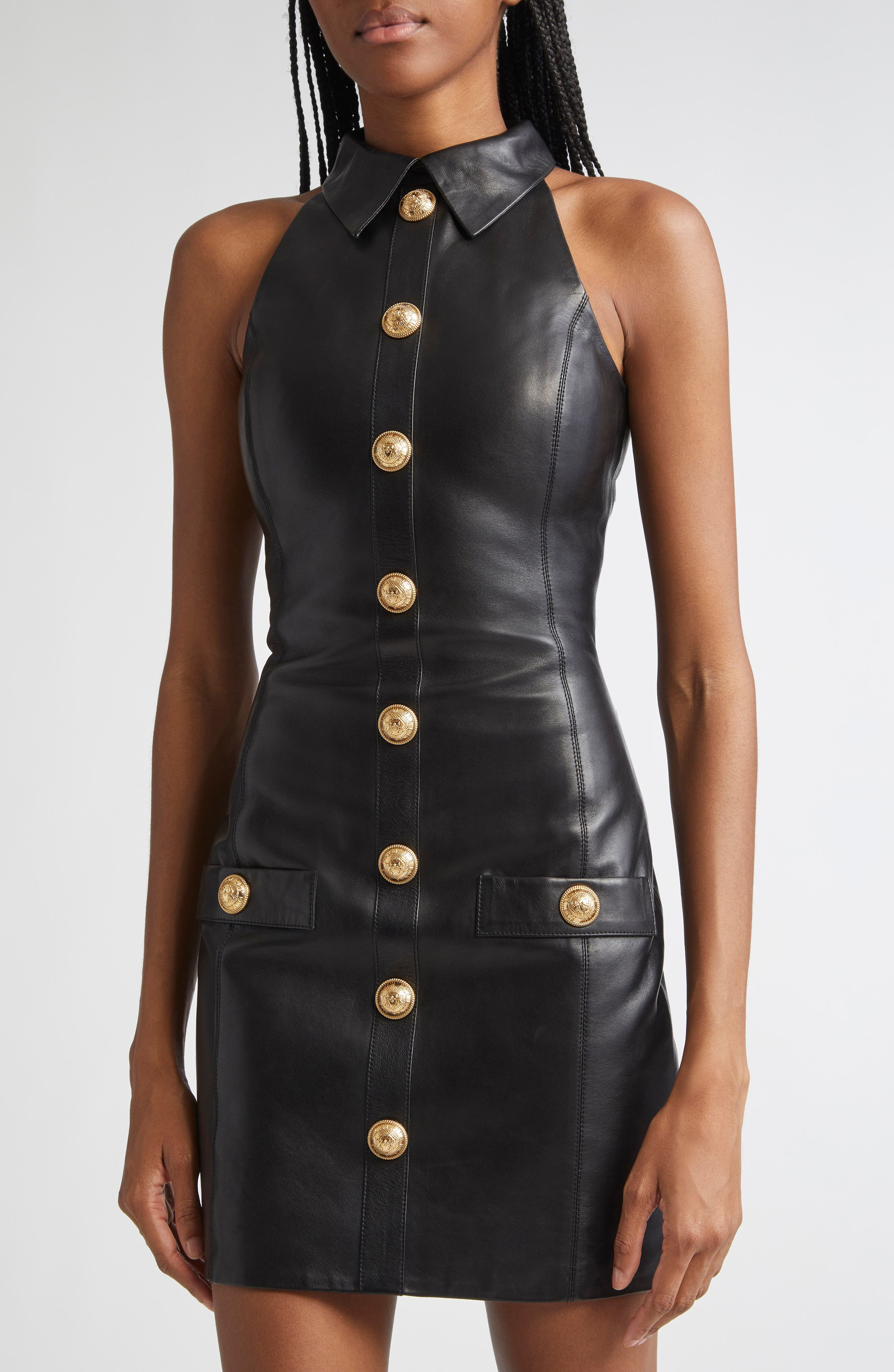 Balmain Halterneck Lambskin Leather Minidress in Black at Nordstrom - 4