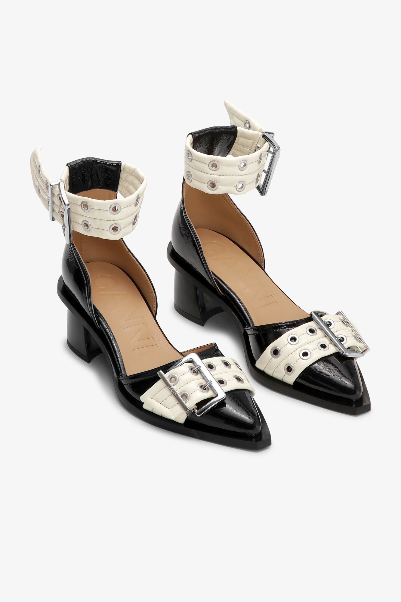 BLACK AND OFF-WHITE FEMININE BUCKLE OPEN CUT PUMPS - 2