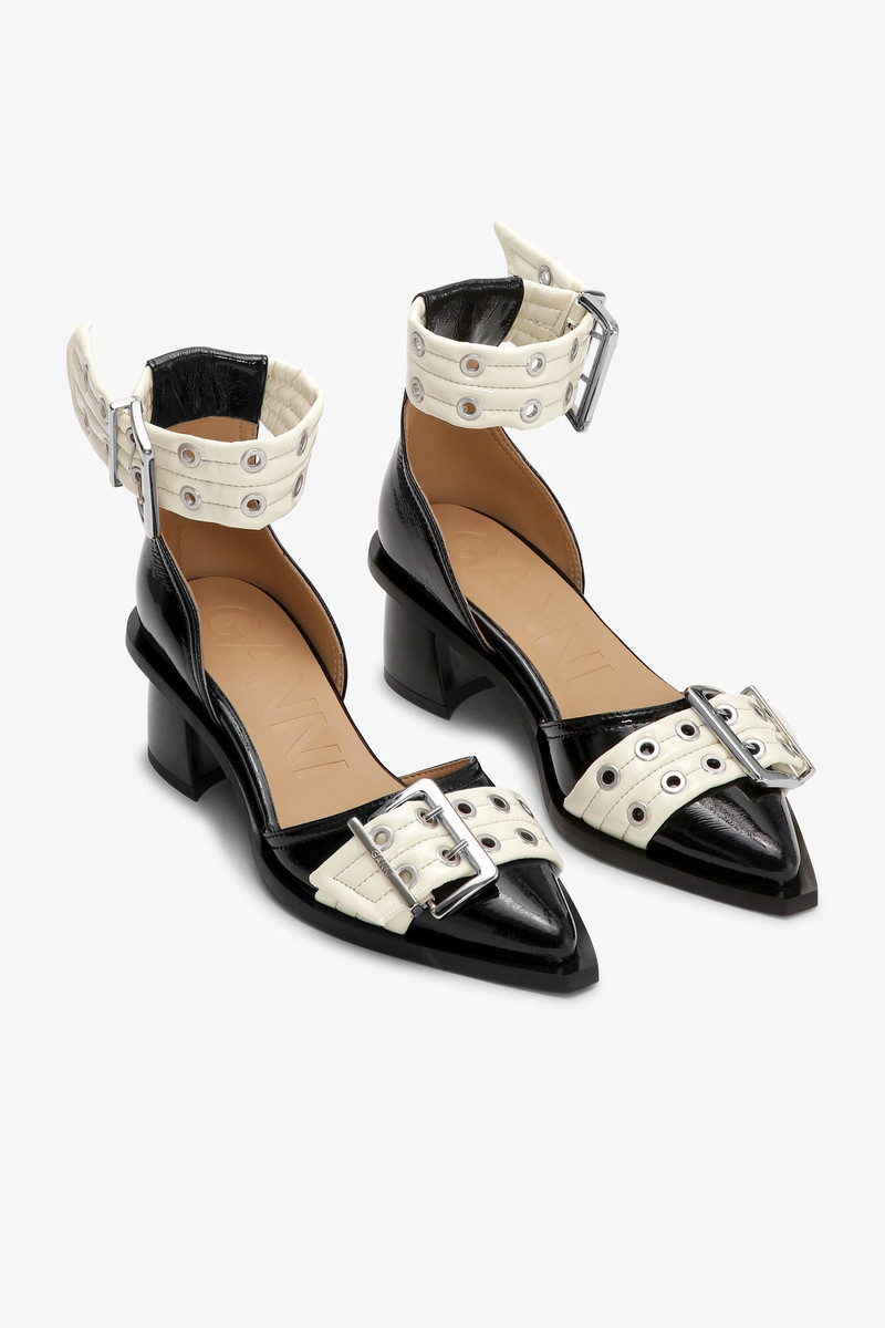 BLACK AND OFF-WHITE FEMININE BUCKLE OPEN CUT PUMPS 2