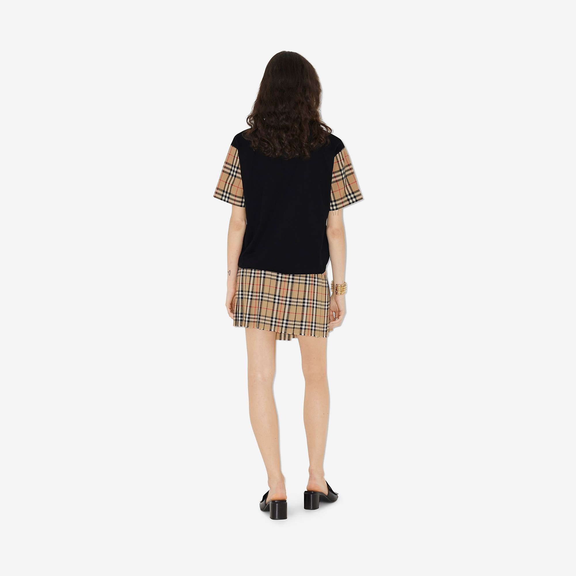 Vintage Check Sleeve Cotton Oversized T-shirt - 4