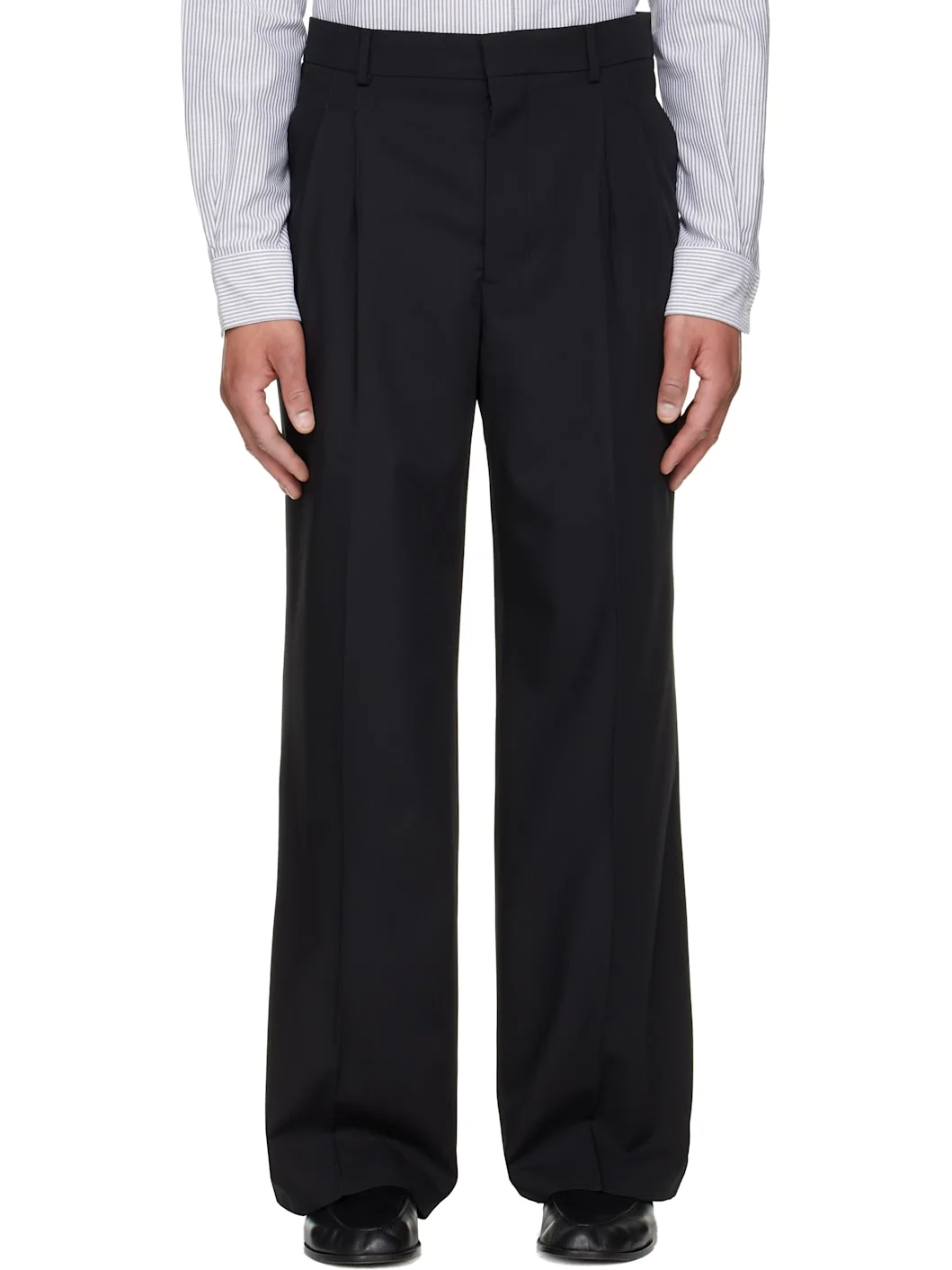 Black New Wool Low Waist Wide Trousers - 1