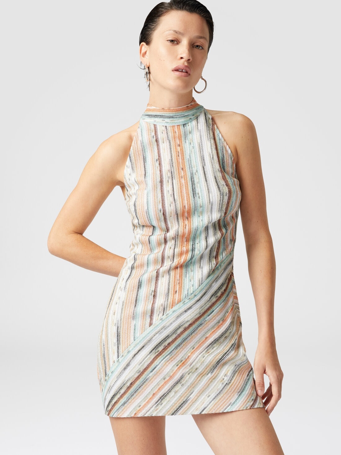 Sleeveless mini-dress in striped lamé slub viscose - 4
