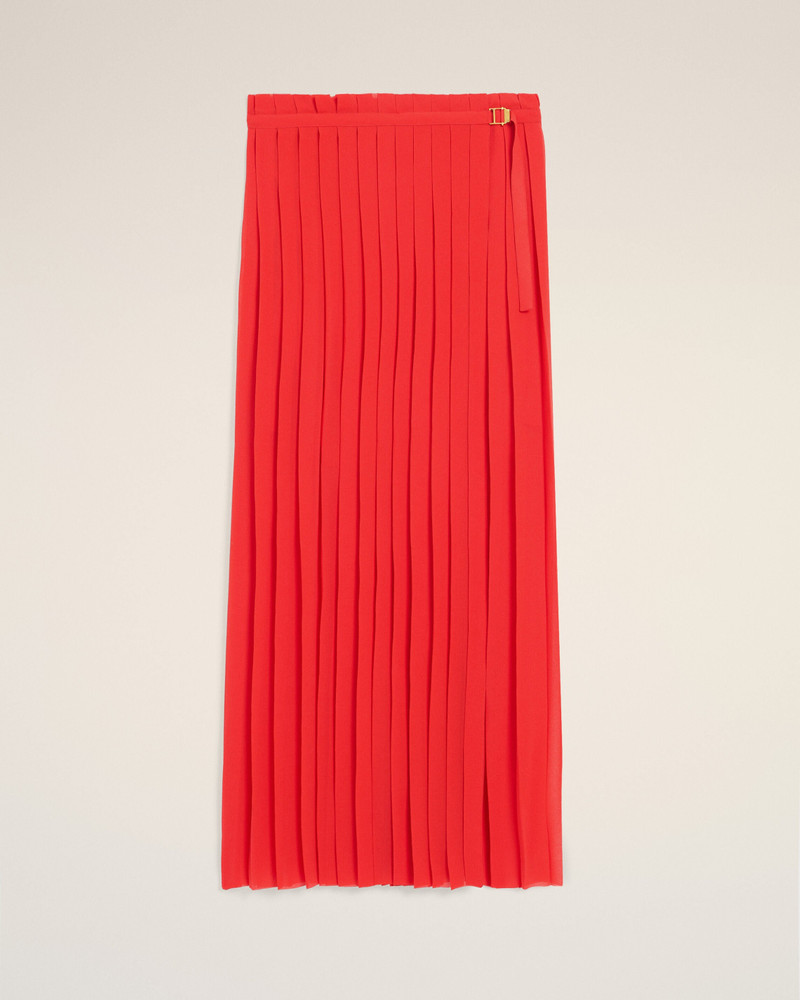 RED SILK LONG PLEATED SKIRT 1