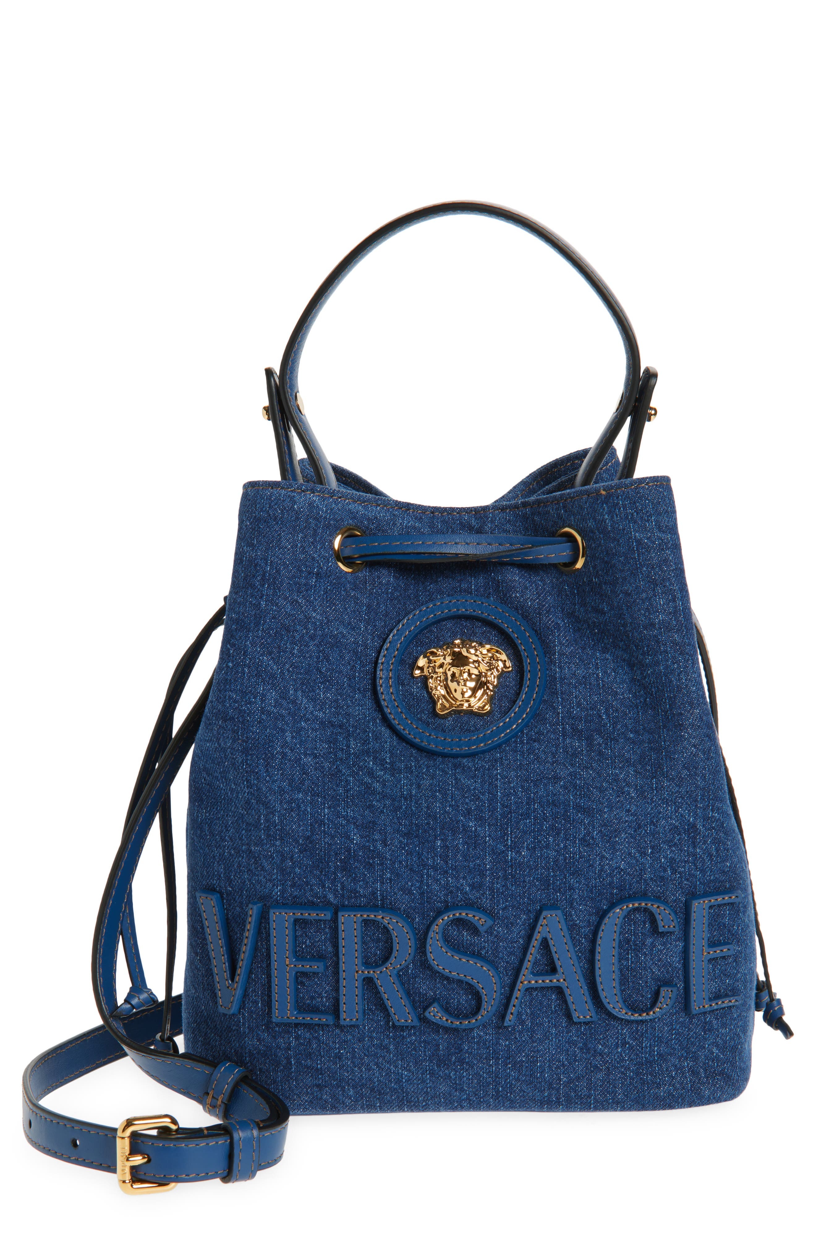 Versace La Medusa Denim Bucket Bag in Navy Blue Versace Gold at Nordstrom - 1