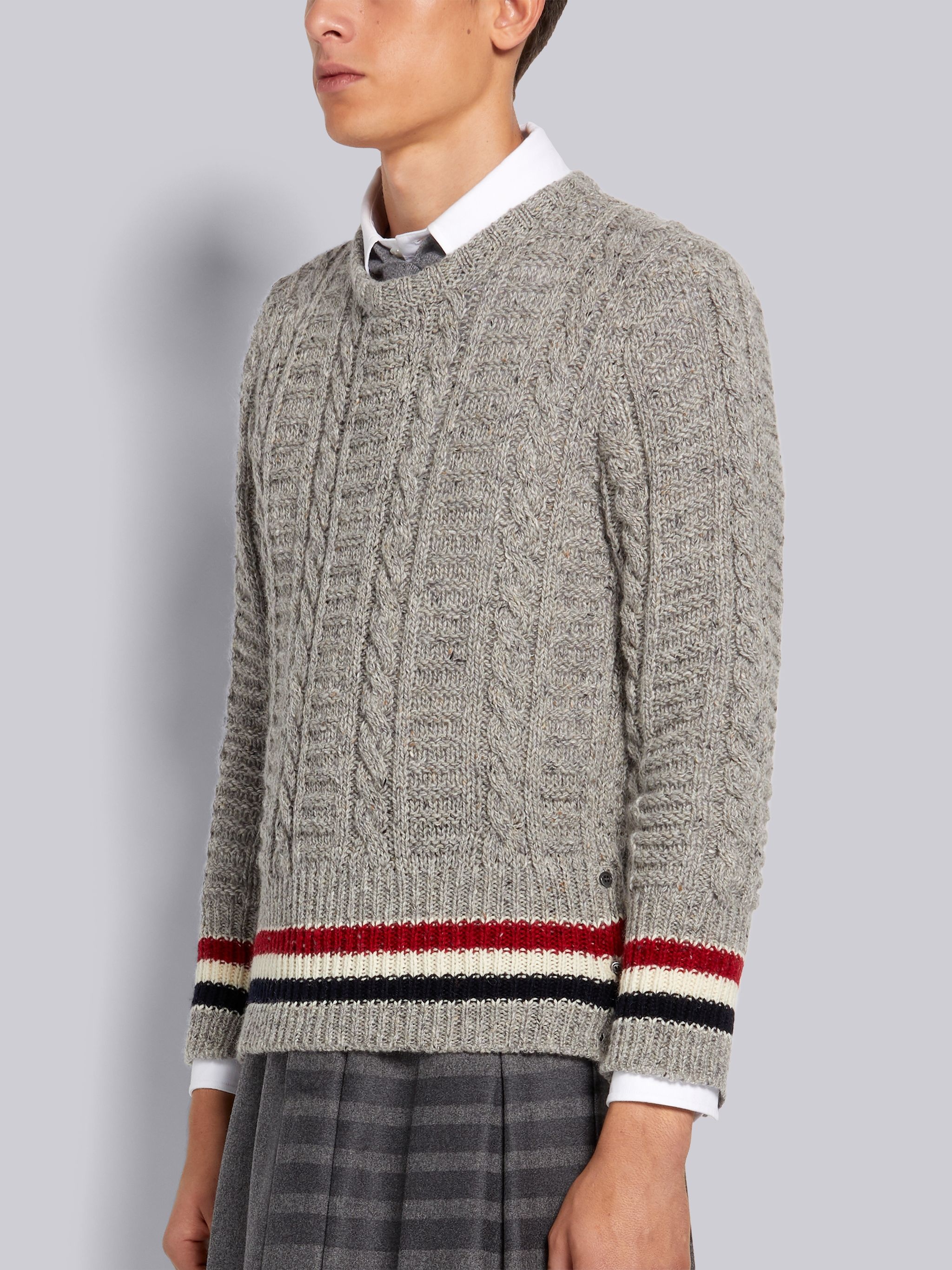 Light Grey Donegal Tweed Filey Stitch Stripe Detail Classic Crew Neck Pullover - 2