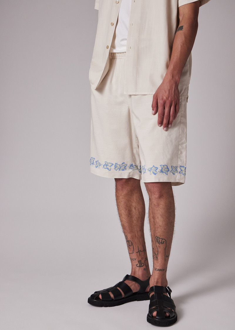 Ecru Lyocell-Cotton Floral Trim Shorts 6