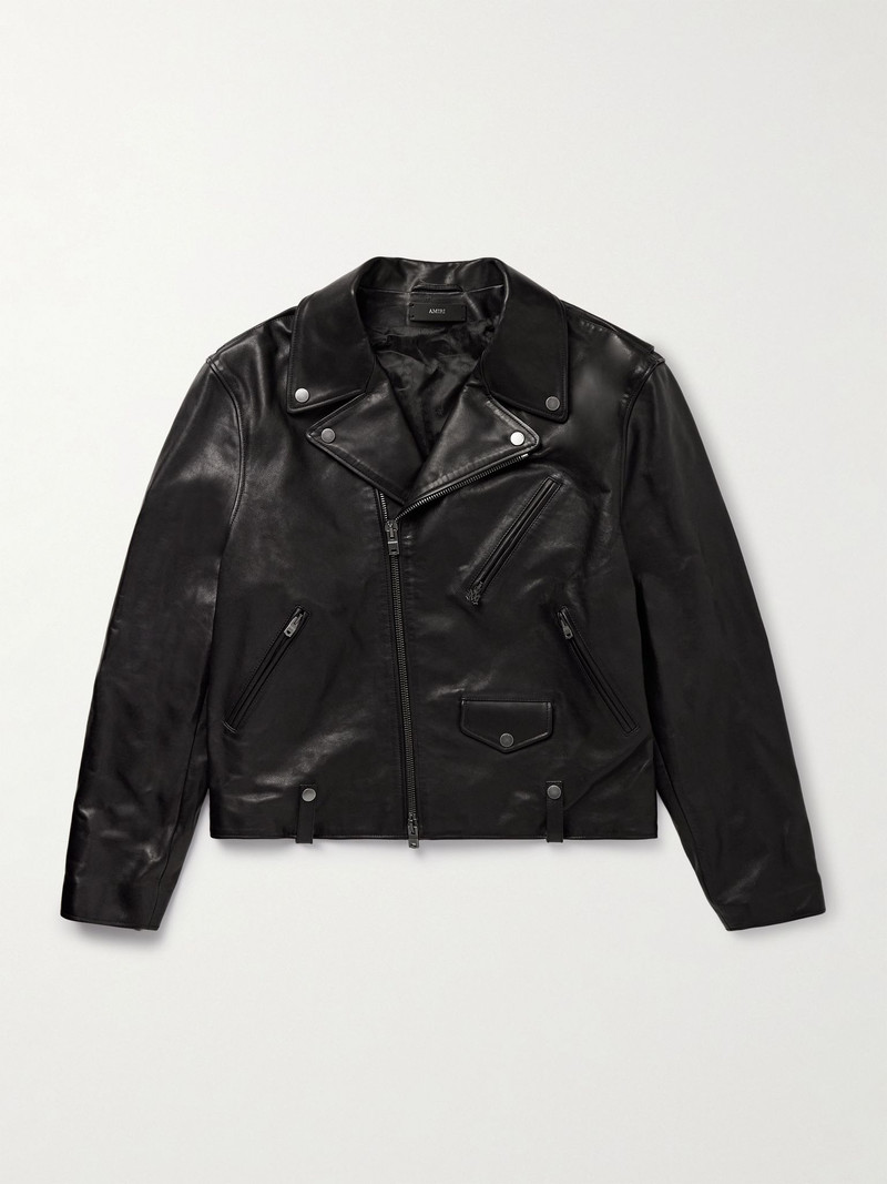 Hollywood Cropped Logo-Appliquéd Leather Biker Jacket Black 1