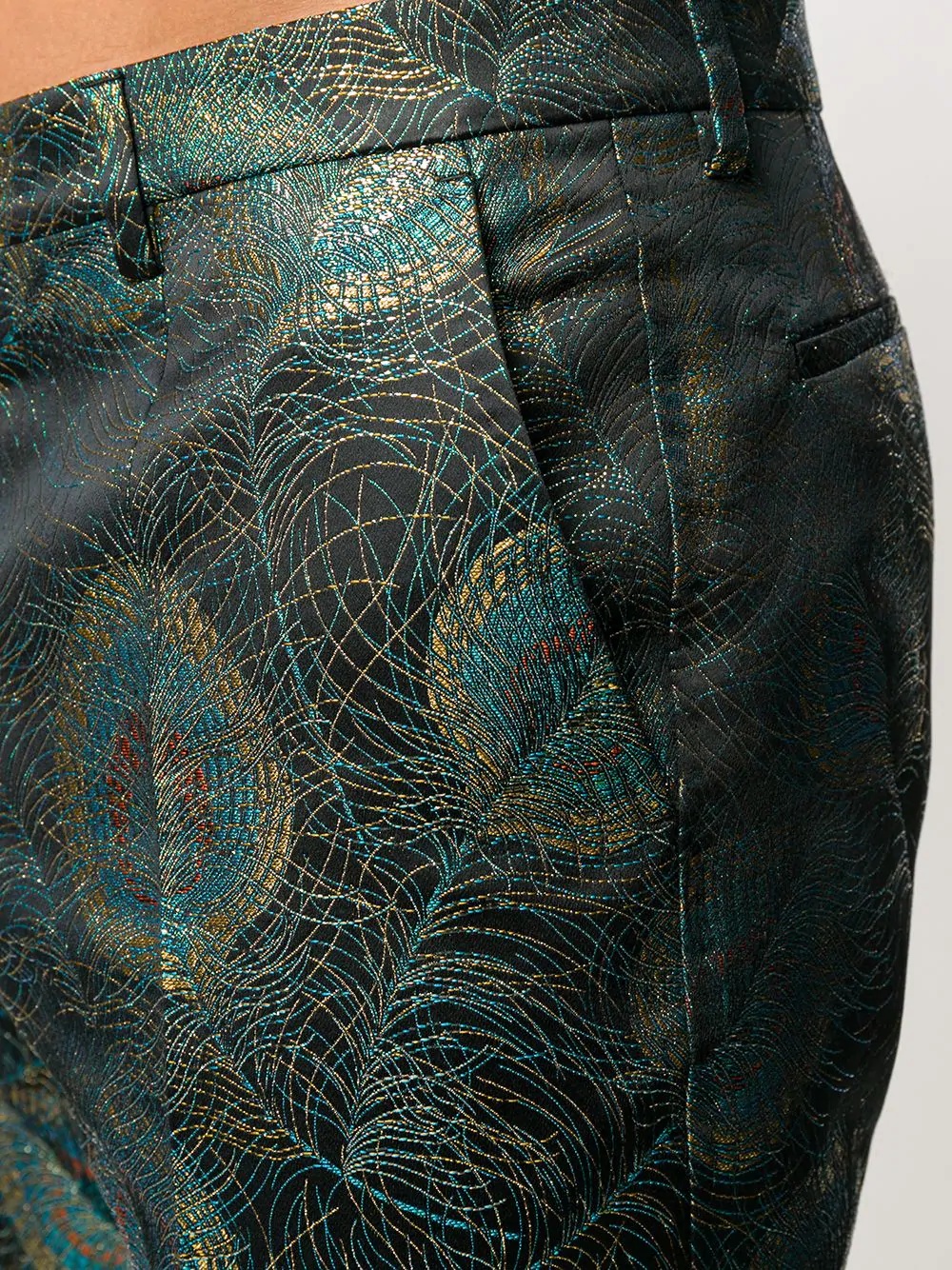 metallic peacock print tailored trousers - 5