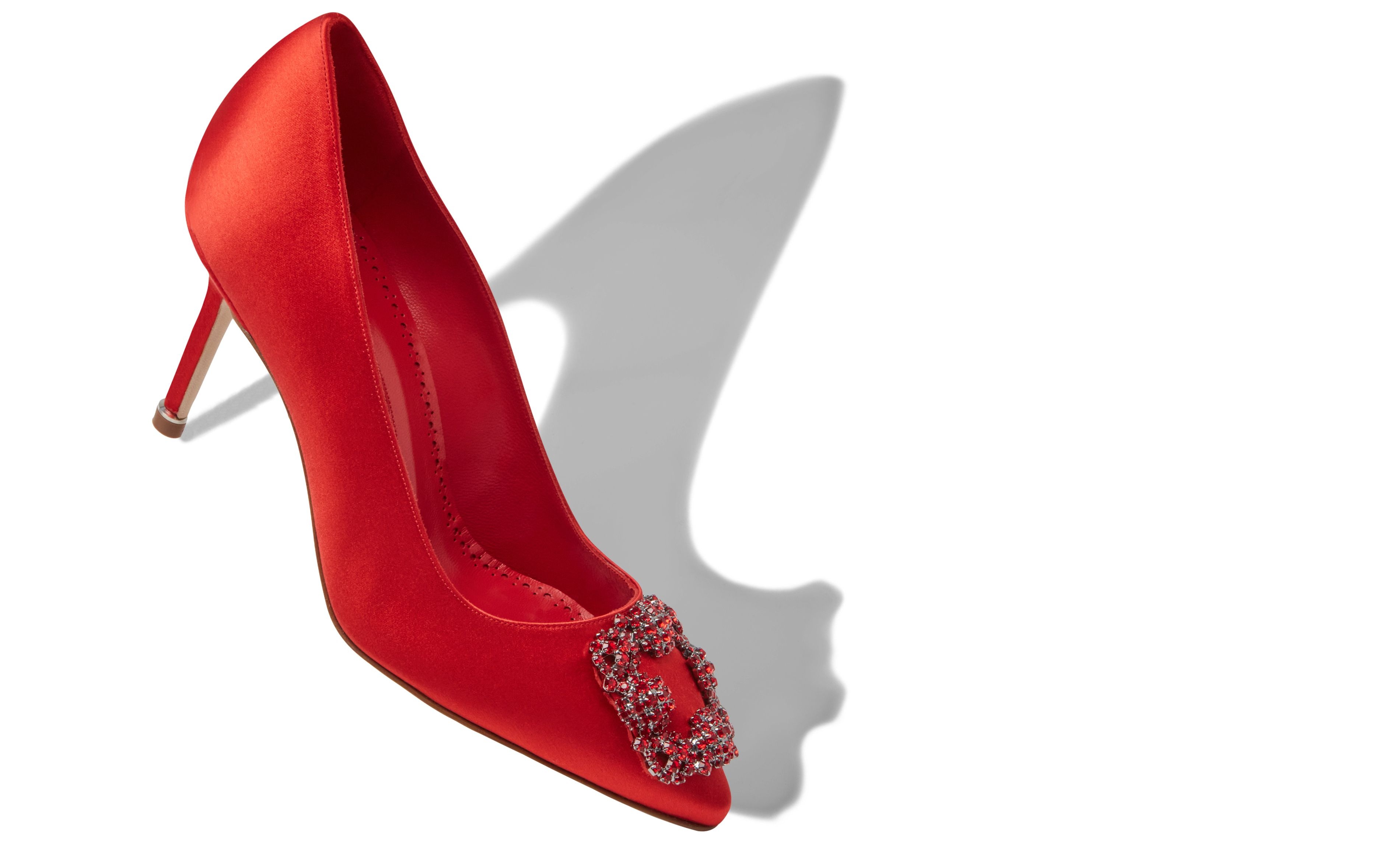 Red Satin Jewel Buckle Pumps - 2