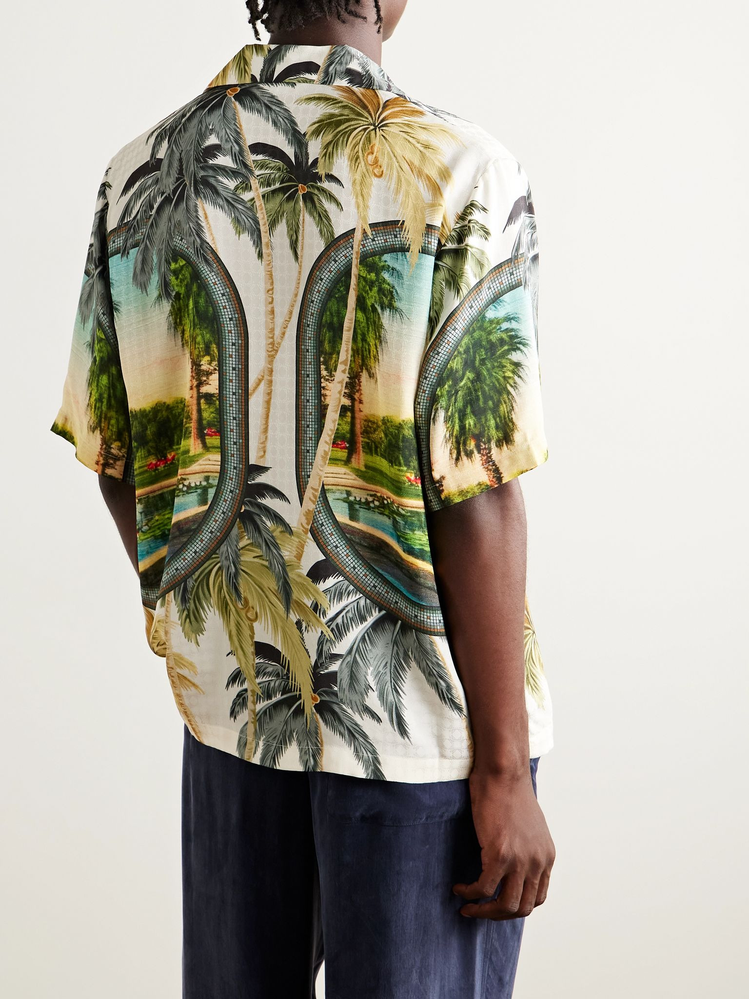Convertible-Collar Printed Satin-Jacquard Shirt Green - 3