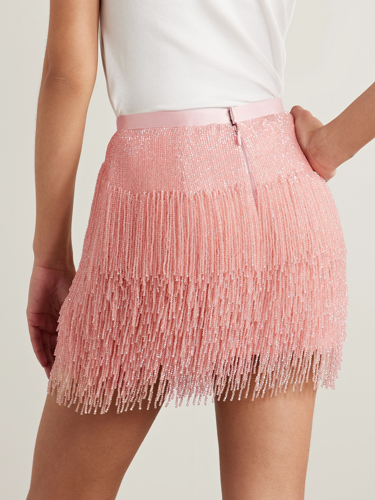 Fringed Beaded Silk-satin Mini Skirt - 3