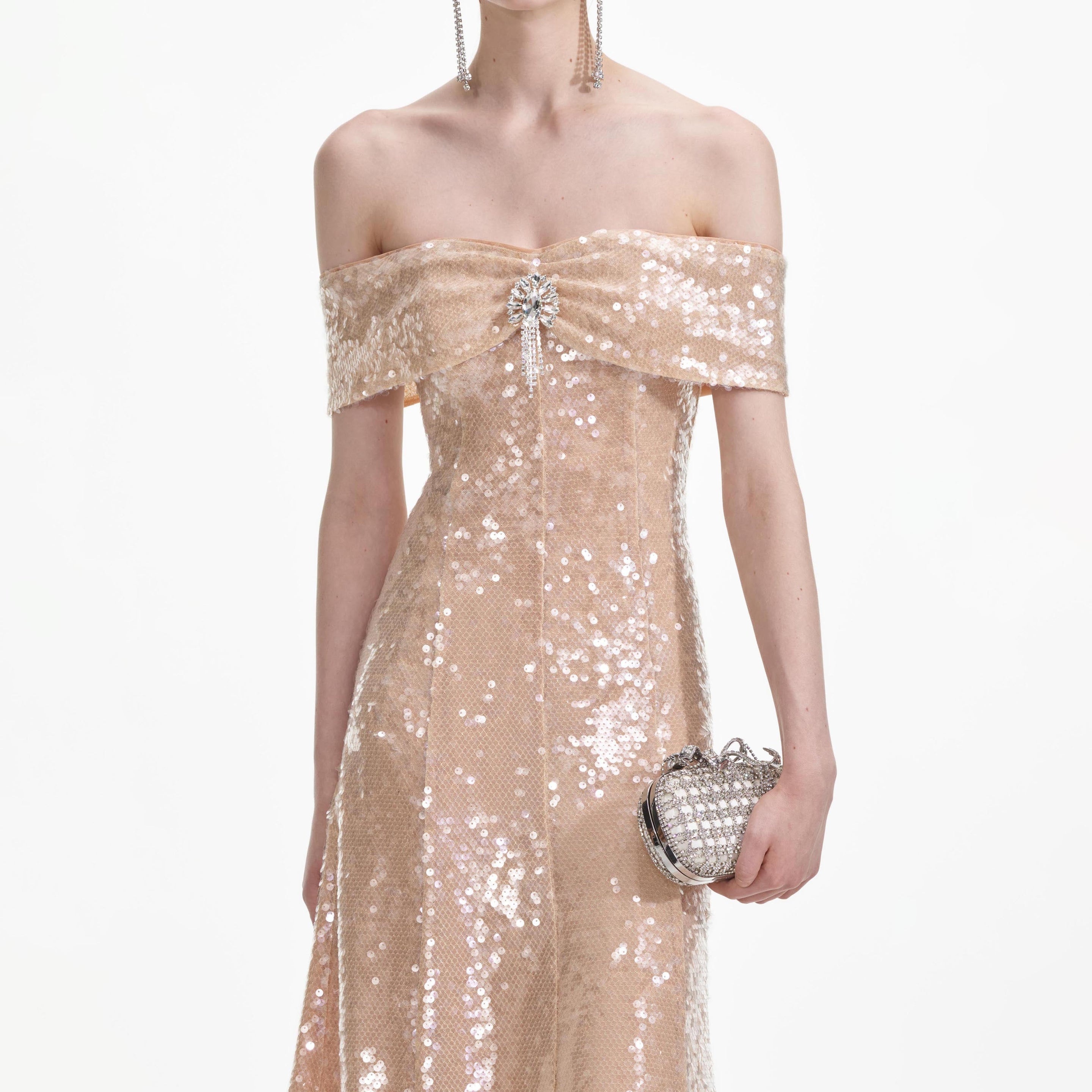 Gold Sequin Off Shoulder Midi Dress - 4