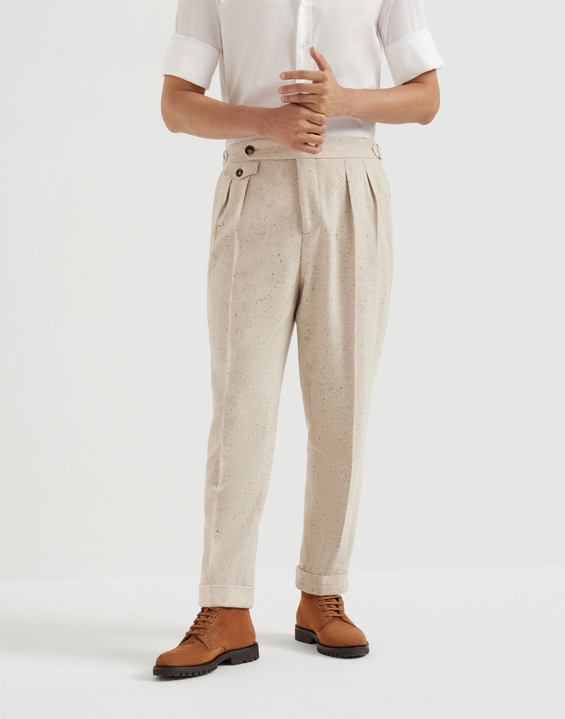 Wool and cashmere flecked diagonal tailor fit trousers with double pleats and waist tabs 1