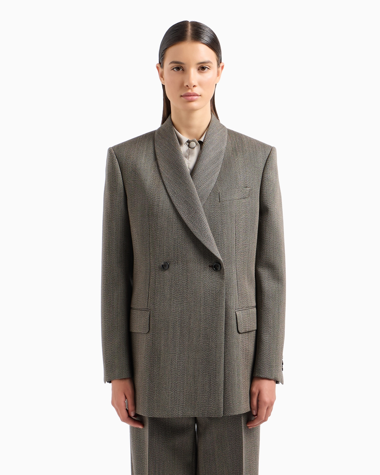 MOULINÉ WOOL-BLEND CHEVRON MOTIF DOUBLE-BREASTED BLAZER WITH SHAWL COLLAR - 2