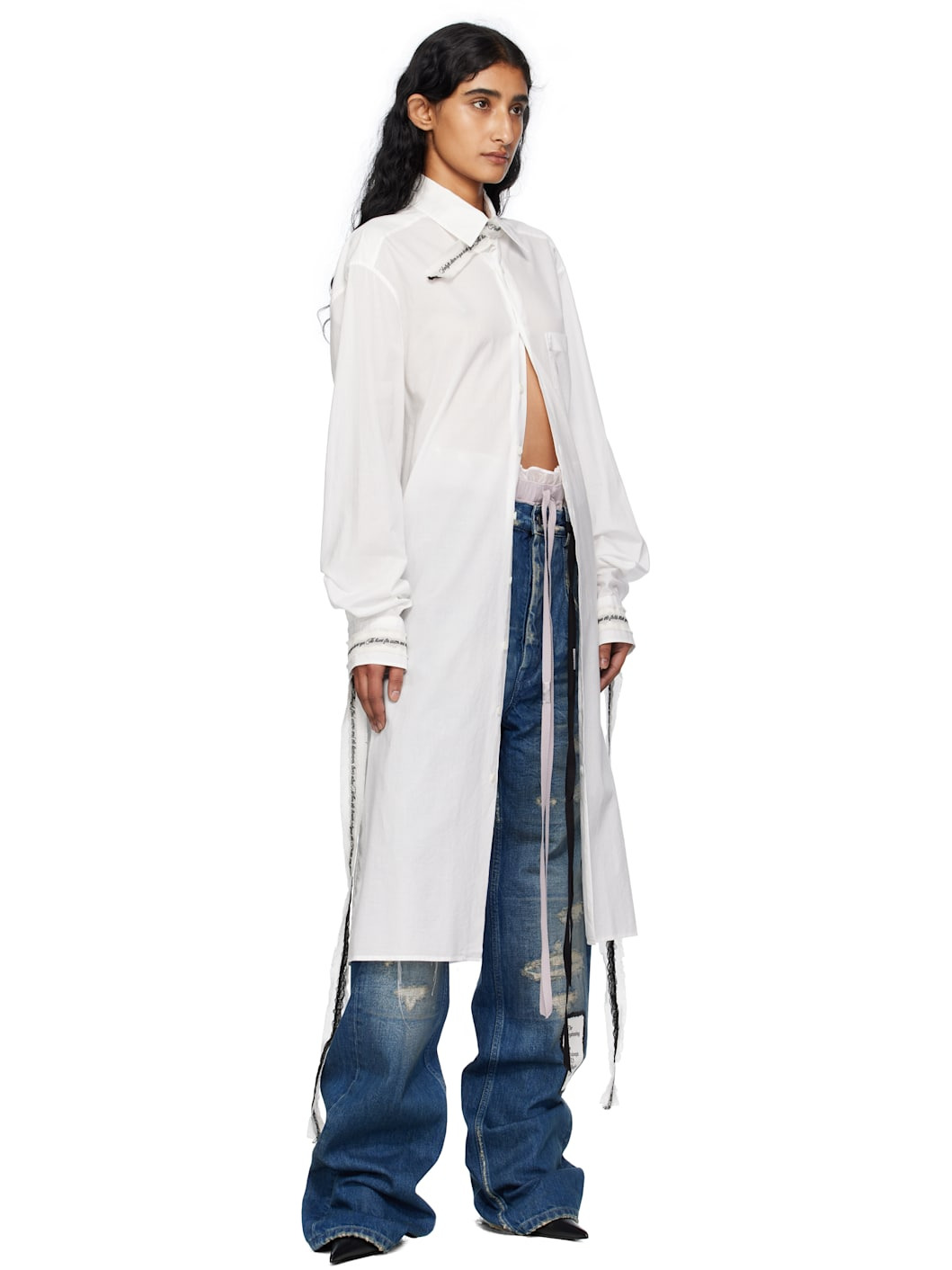 White Gabi Long Draped Ribbons Shirt - 4