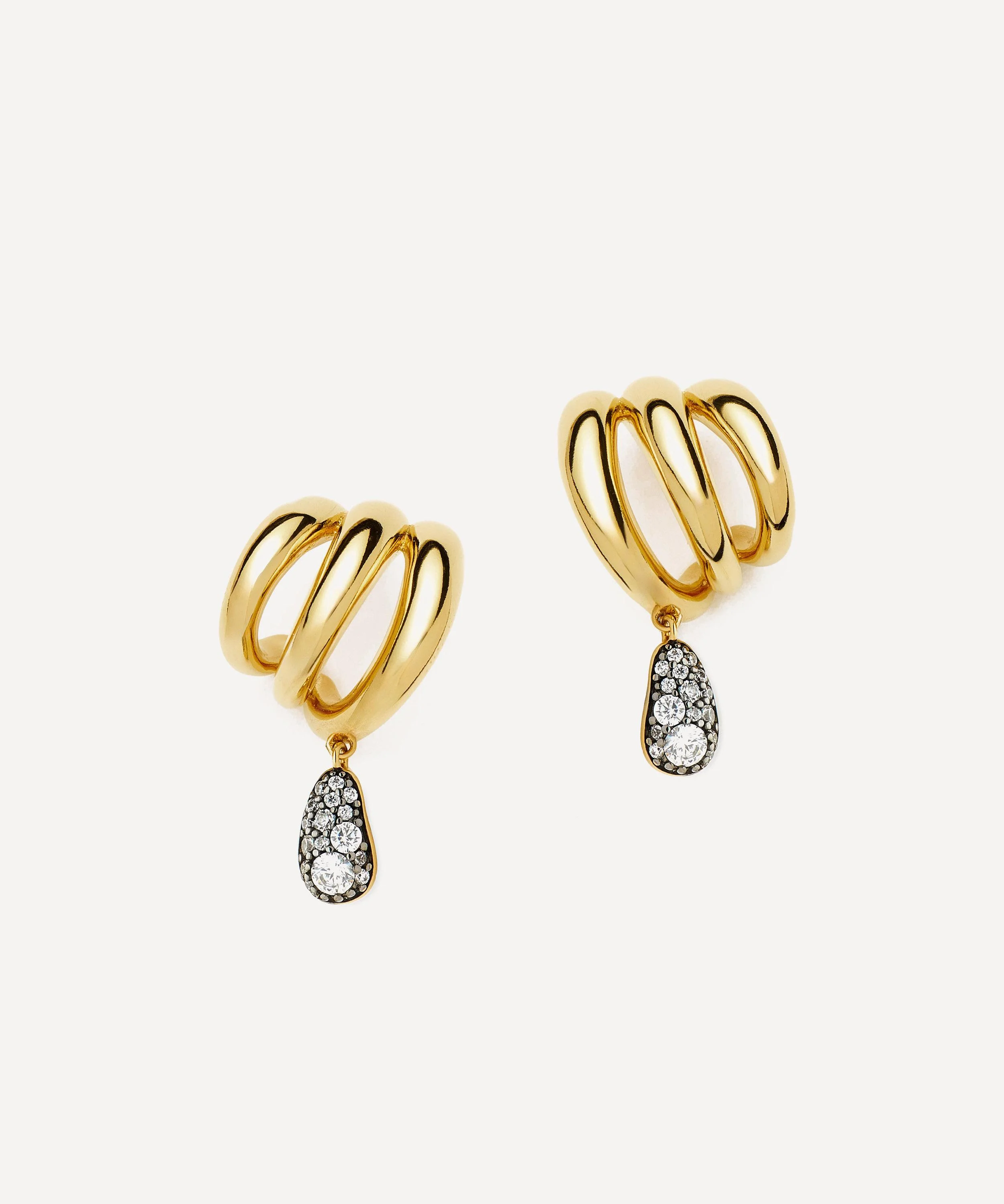 18ct Gold-Plated Molten Teardrop Pavé Trio Stud Earrings - 1