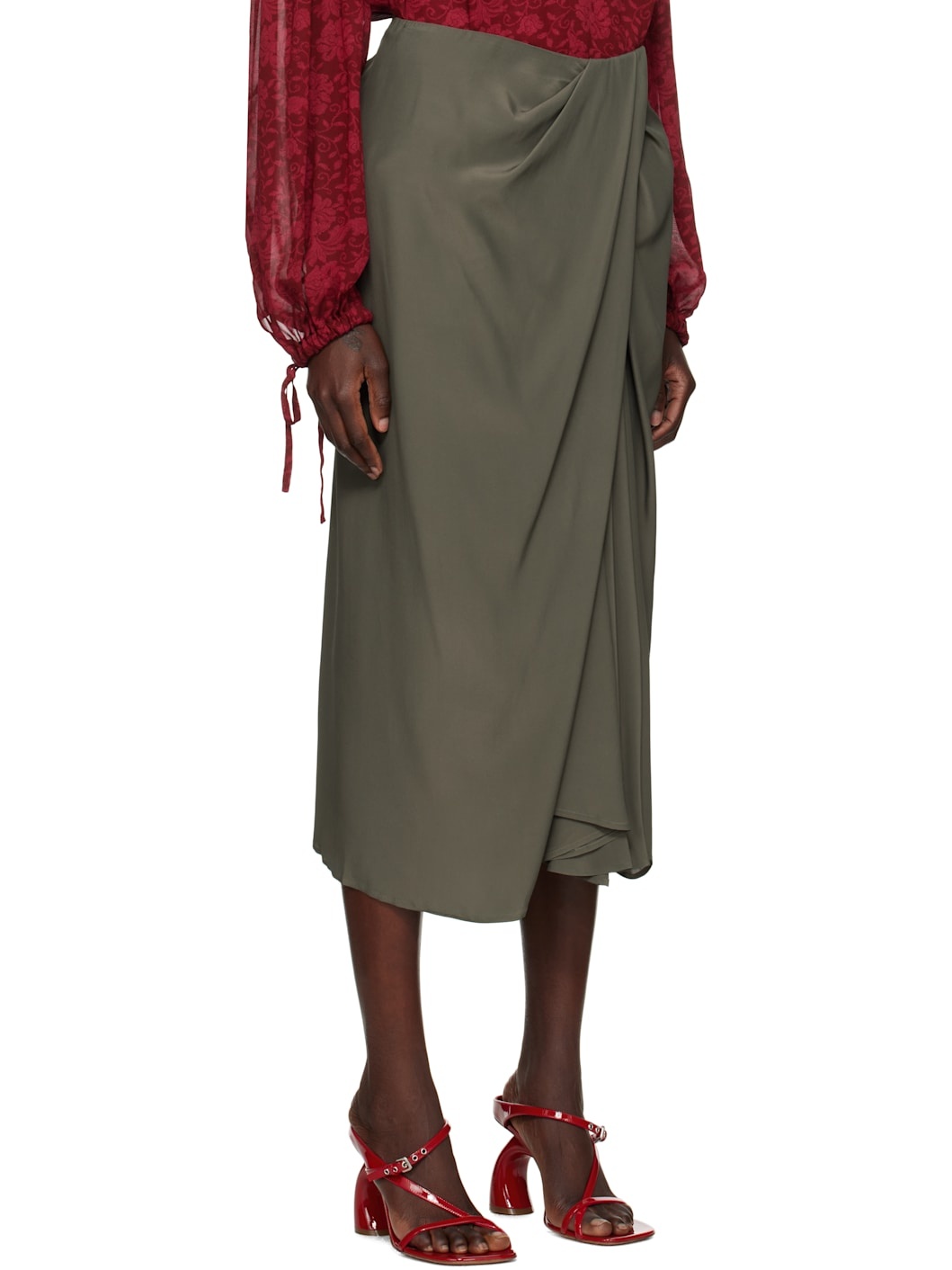 Khaki Draped Flared Midi Skirt - 2