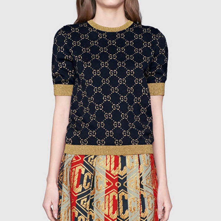 (WMNS) Gucci GG Cotton Silk Short Sleeve Top Shirt NavyBlue 526759-X9W83-4921 - 2