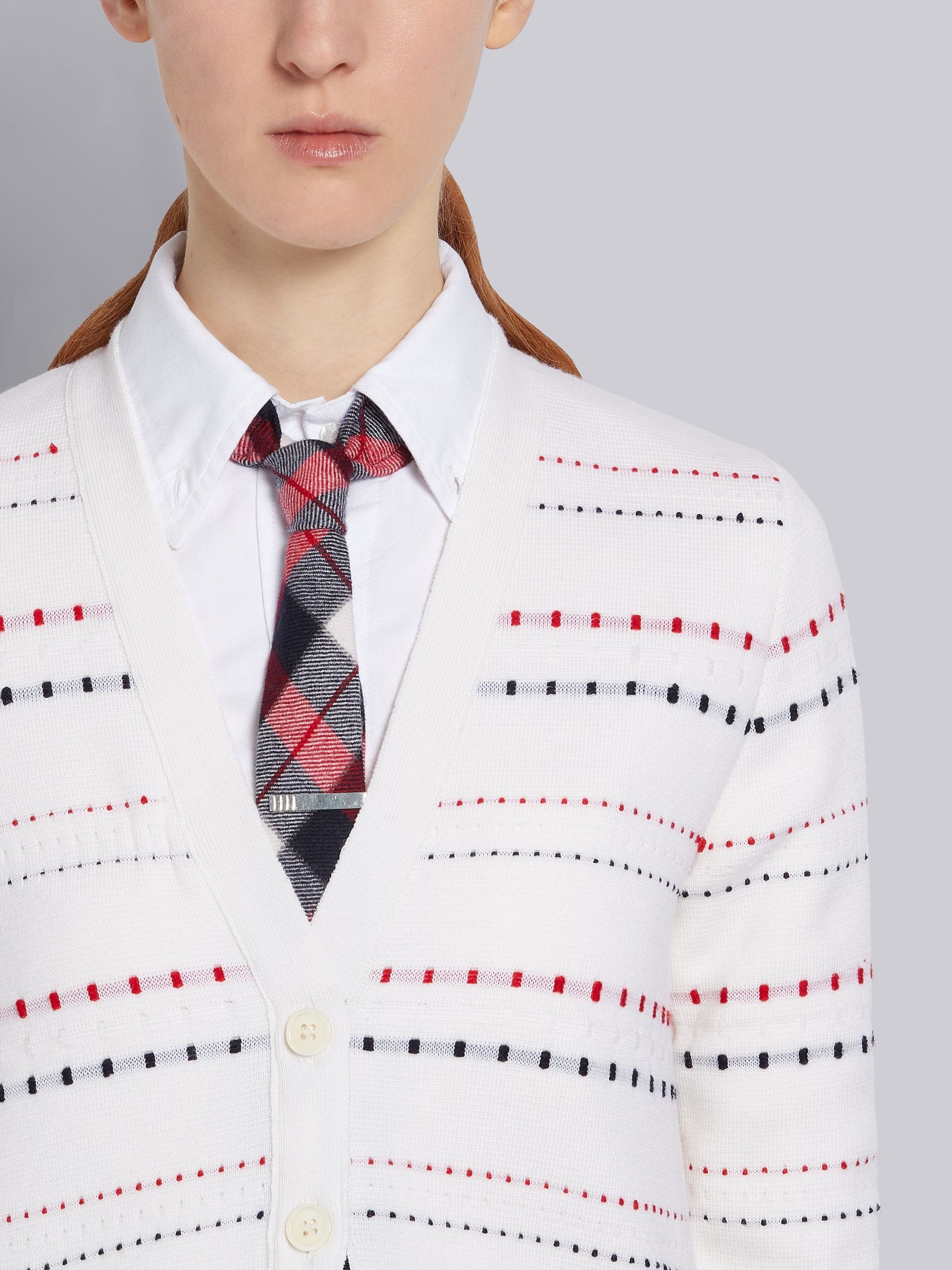 White Fine Merino Wool Tricolor Inlay Milano Stitch Classic V-Neck Cardigan - 5