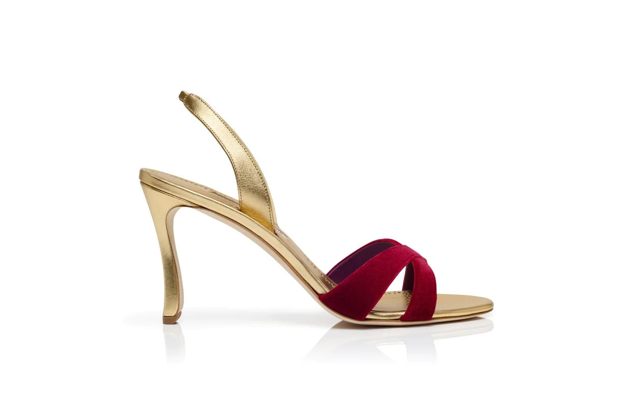 Dark Red Velvet and Gold Slingback Sandals - 1