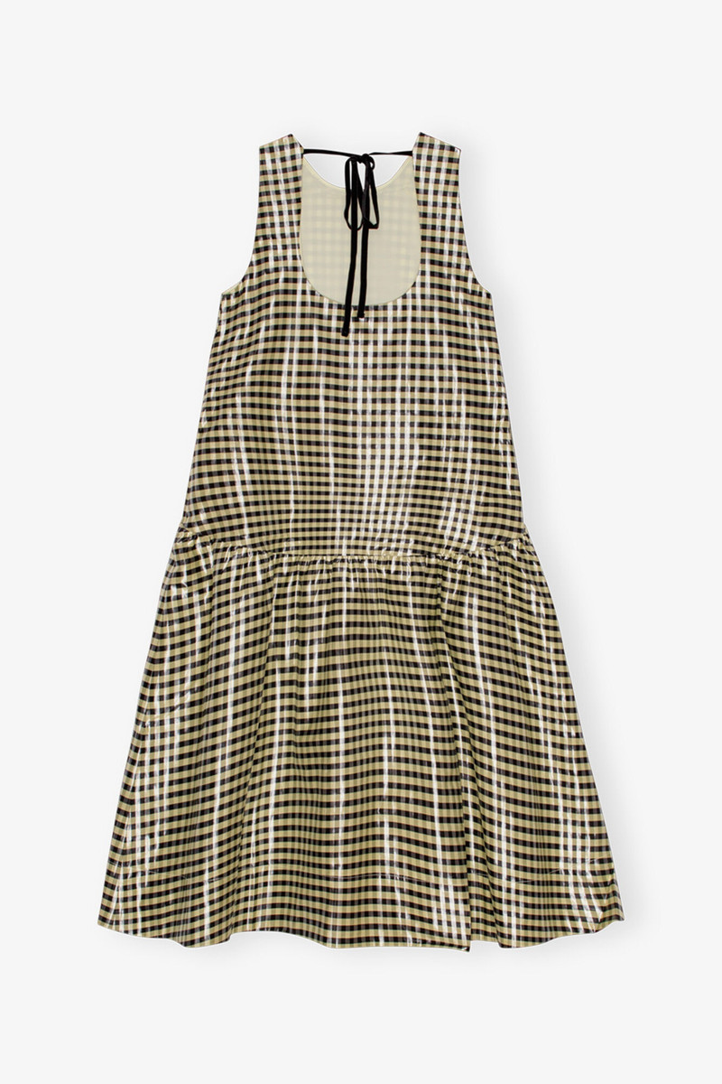 knee length dresses for ladies Ganni Seersucker Blue Check Cotton-Blend Shirred Midi Dress