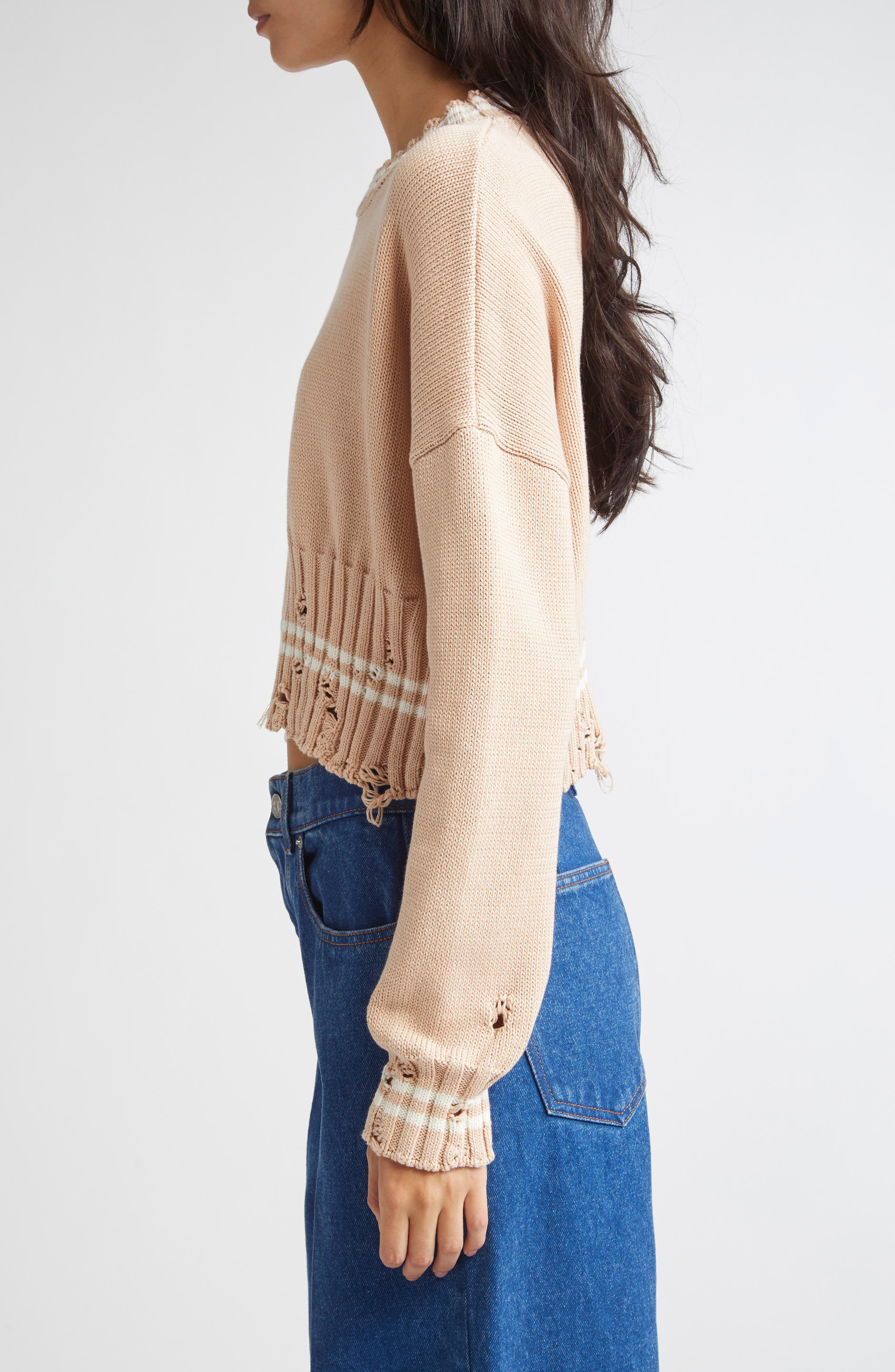 Marni Mending Logo Distressed Cotton Crewneck Sweater in 00W35 Sand Storm at Nordstrom - 4