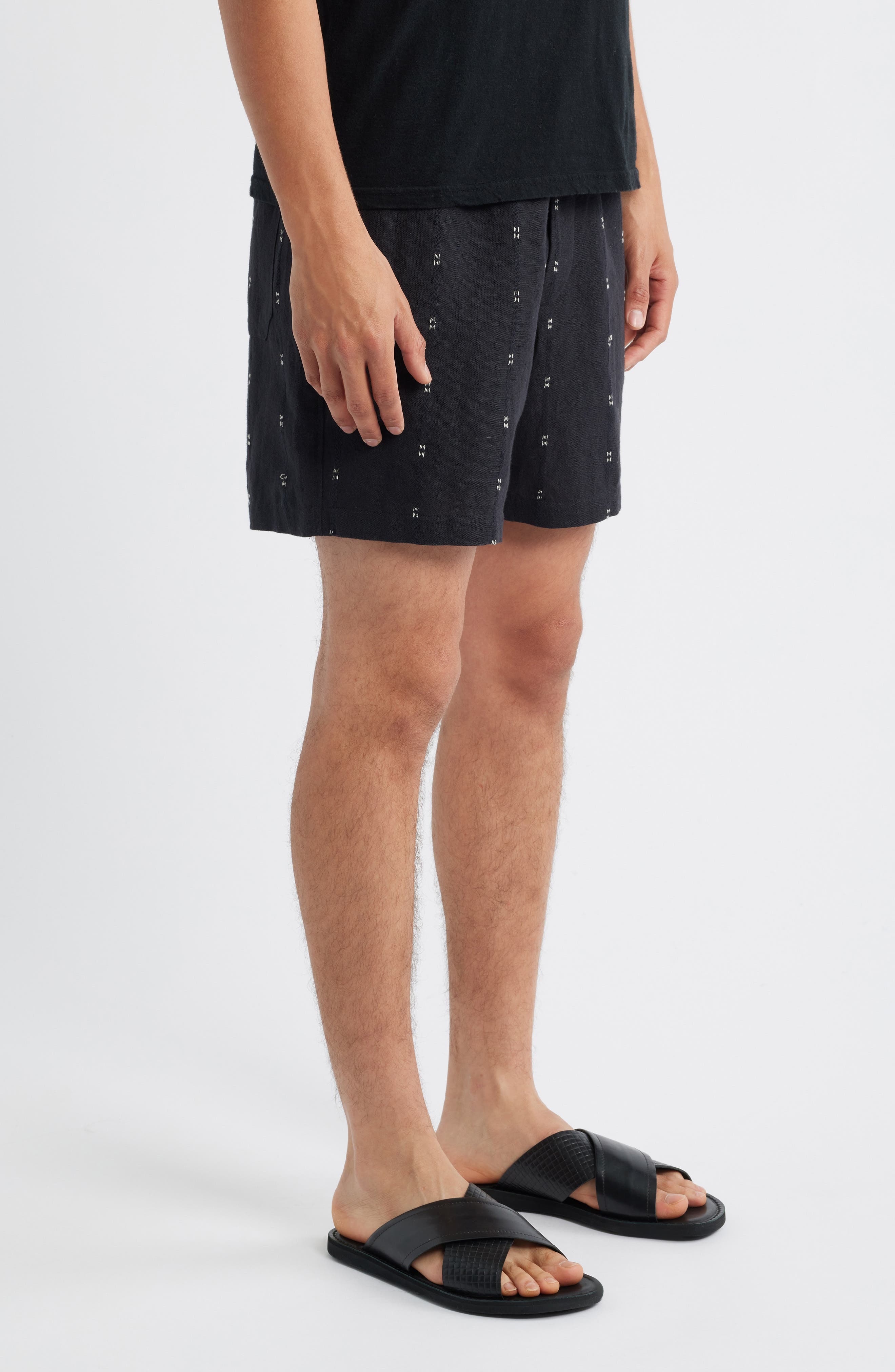 rag & bone Marc Embroidered Cotton & Linen Drawstring Shorts in Black at Nordstrom - 3