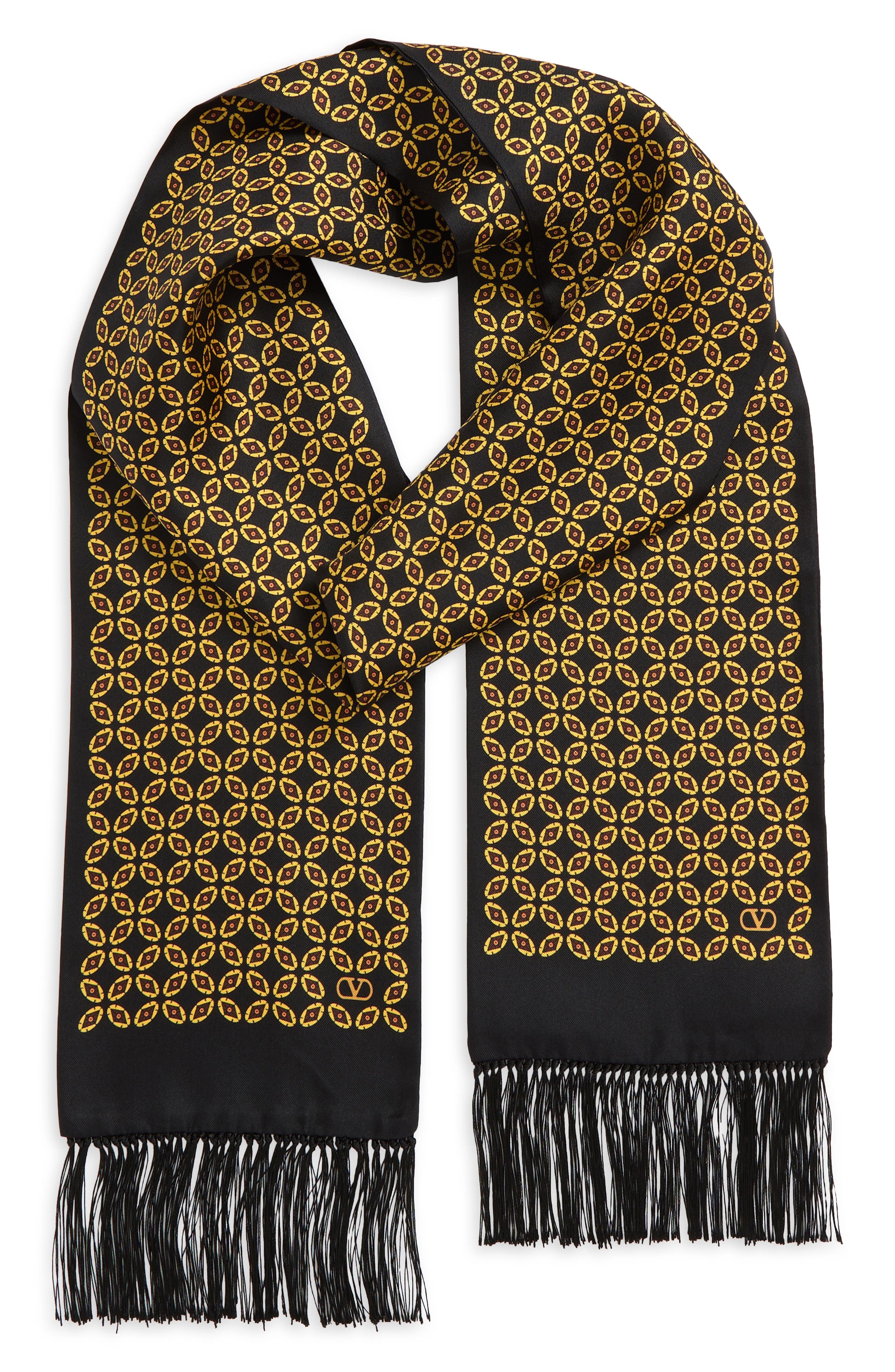 Valentino Garavani Chamber Silk Bandeau Scarf with Fringe in Black Multi at Nordstrom - 1