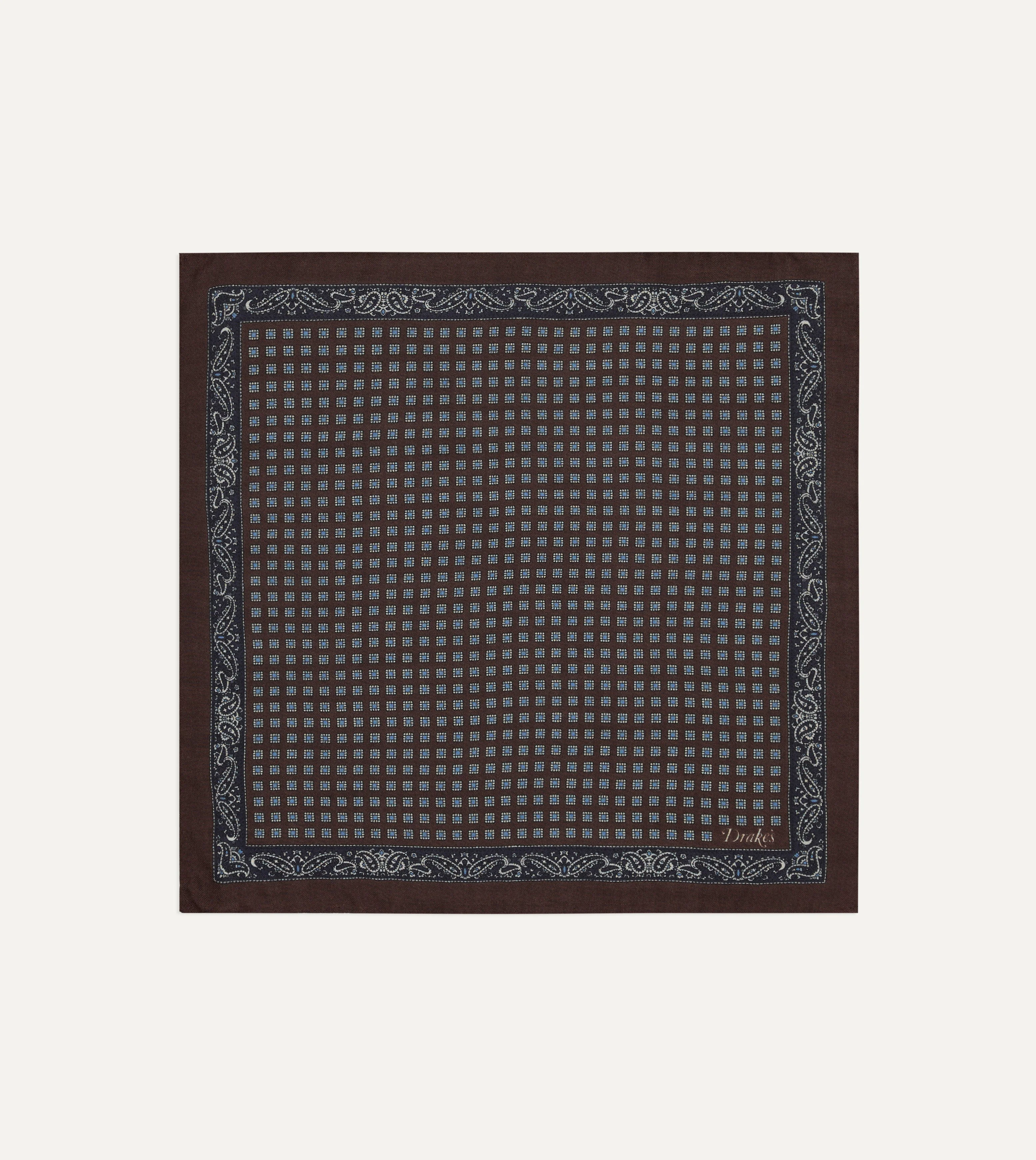Brown Paisley Border Medallion Print Wool-Silk Pocket Square - 1