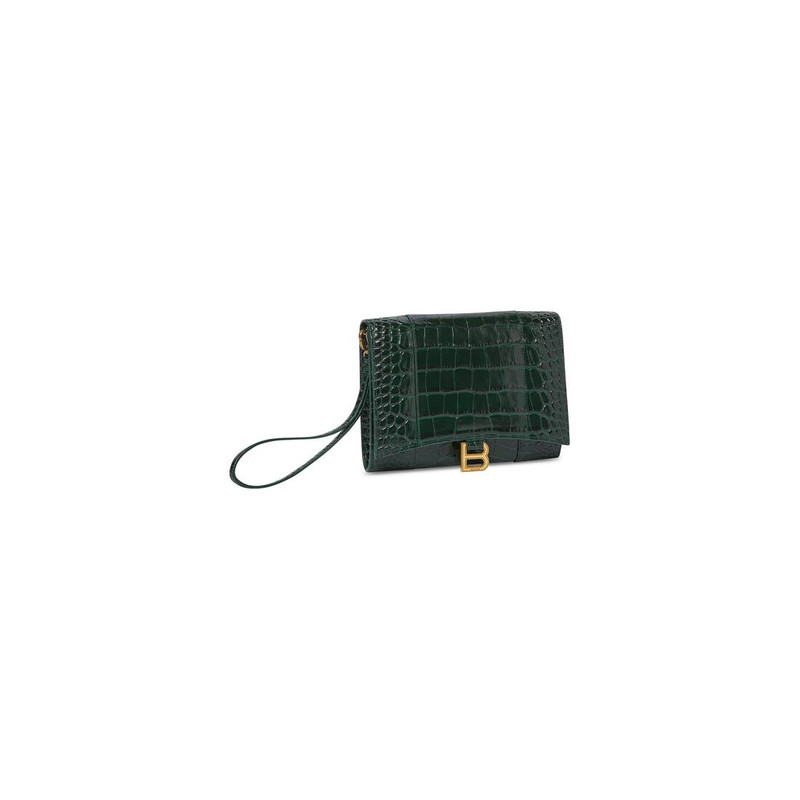 BALENCIAGA Women's Hourglass Gusset Pouch Crocodile Embossed  in Forest Green outlook