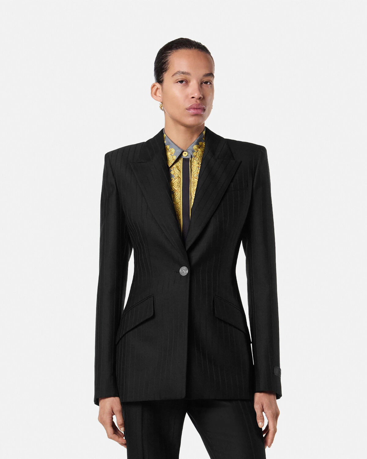 Wool Single-Breasted Pinstripe DV Blazer - 4