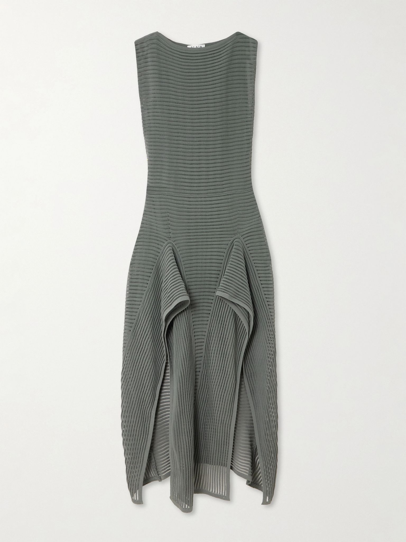 Ruffled ribbed open-knit cotton-blend midi dress Gray - 1