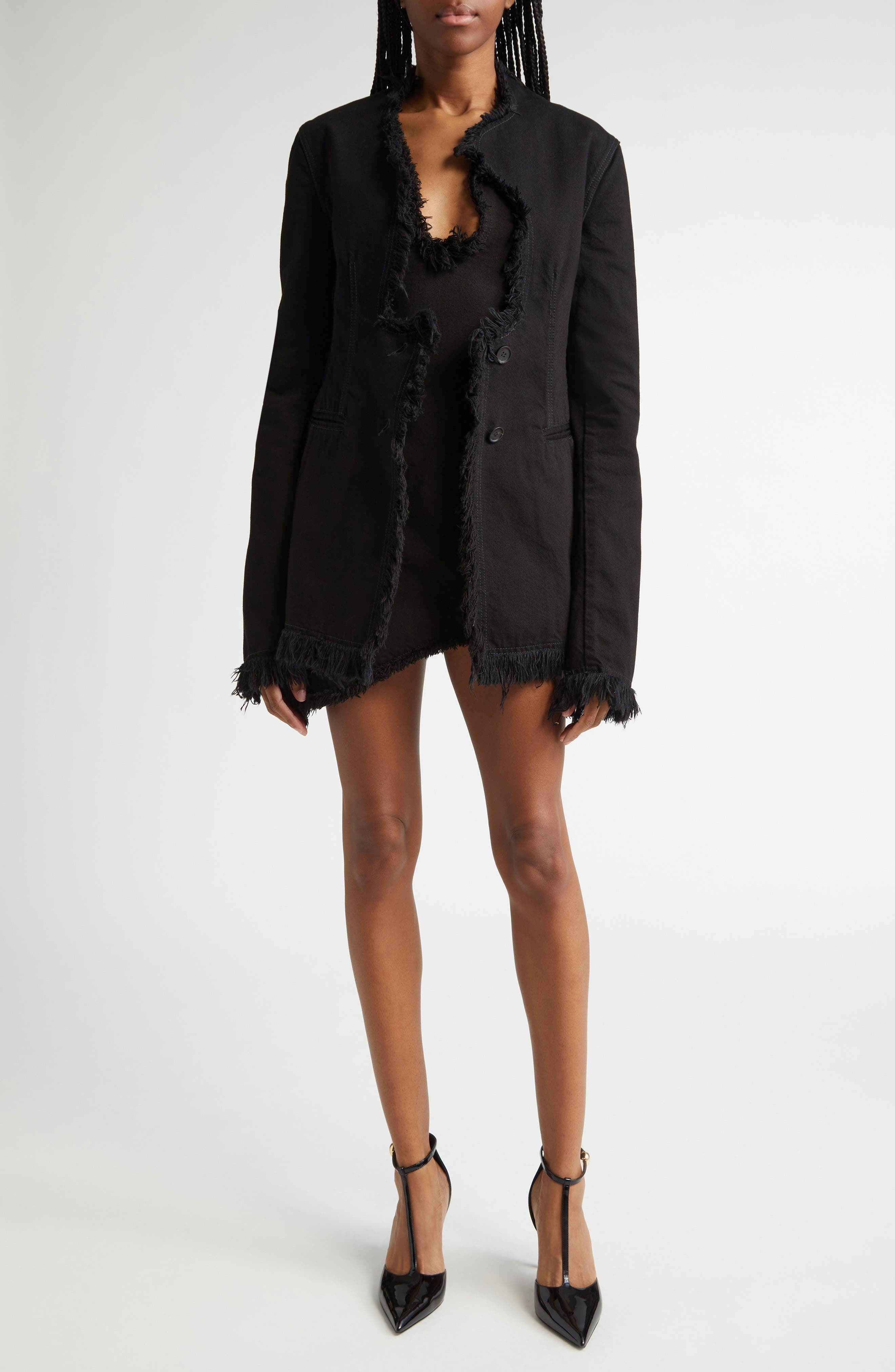 FERRAGAMO Asymmetric Raw Edge Denim Blazer in Nero at Nordstrom - 7