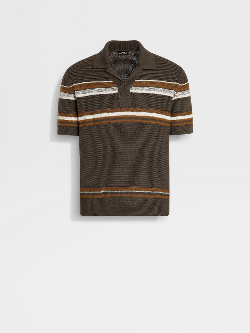 DARK TAUPE OCHRE AND WHITE COTTON AND SILK POLO SHIRT 1