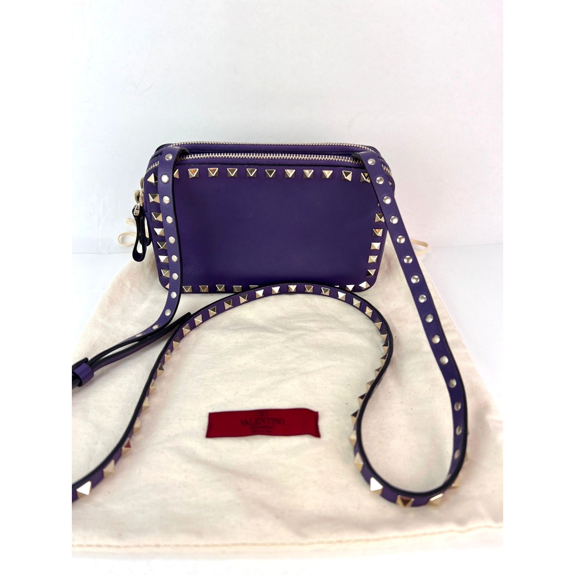 Valentino Rockstud Double Zip Purple Leather Crossbody Bag - 2