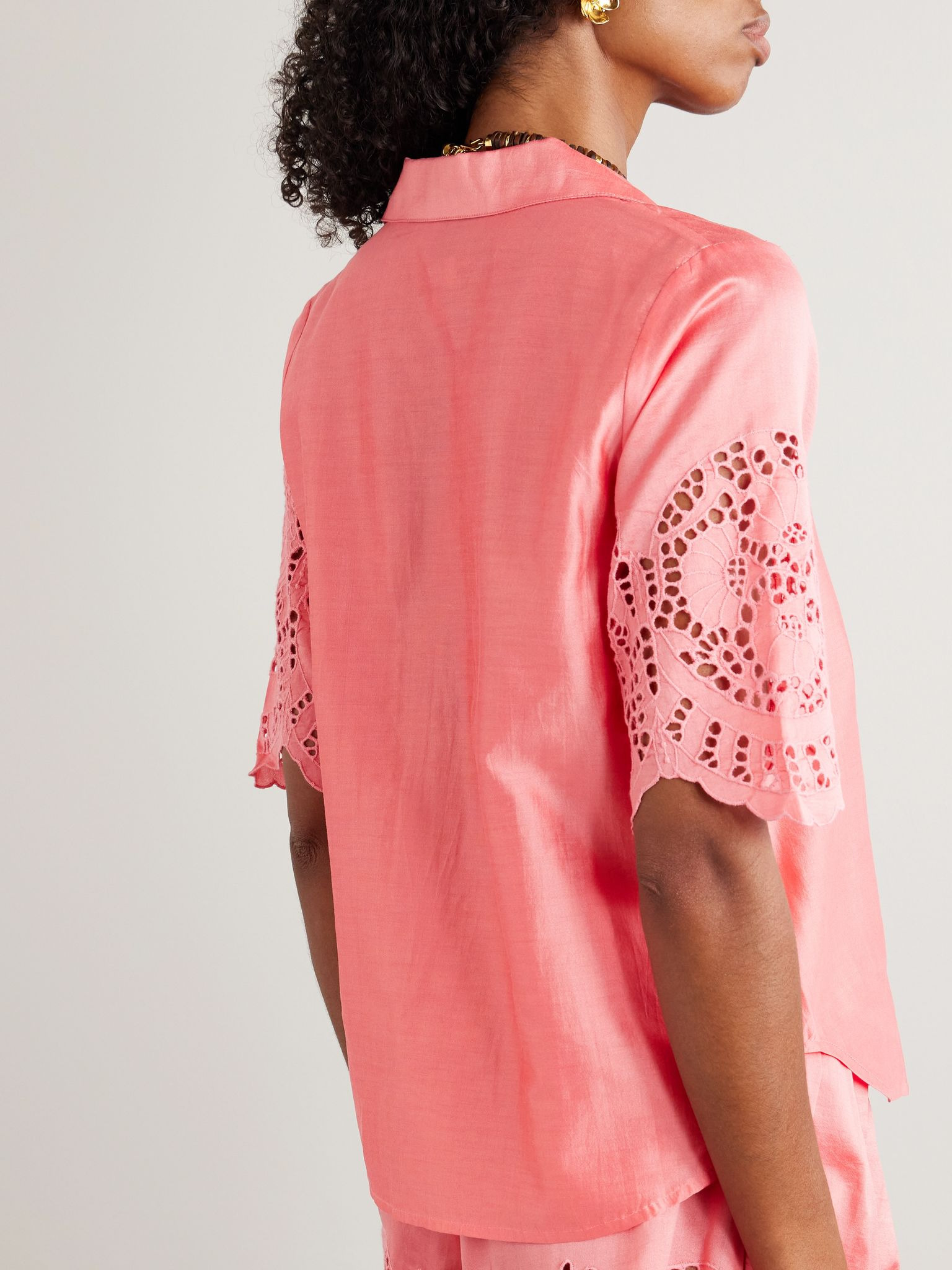 Zouk broderie anglaise cotton and silk-blend shirt Pink - 3
