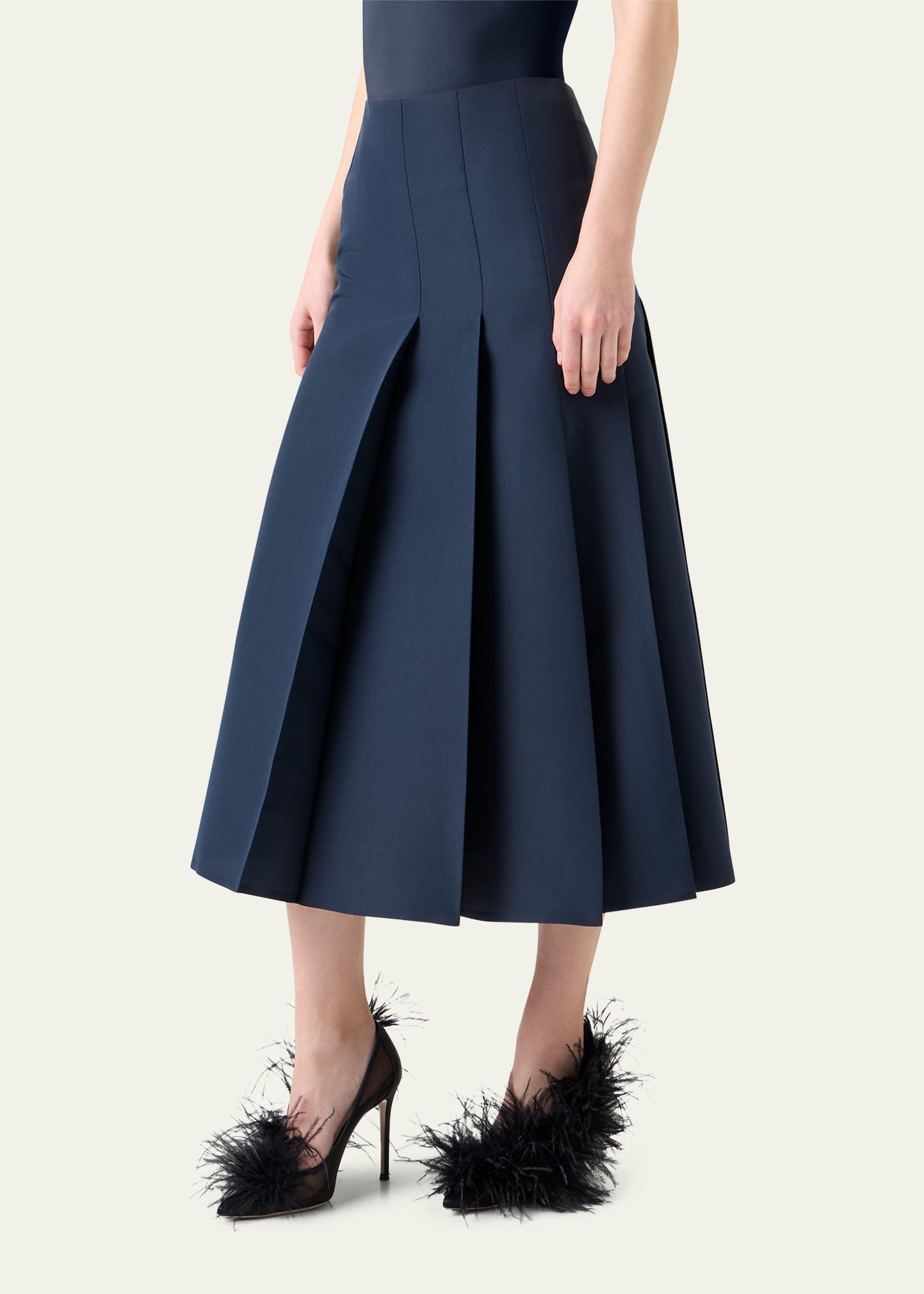 Pleated Ottoman Silk Midi A-Line Skirt - 4