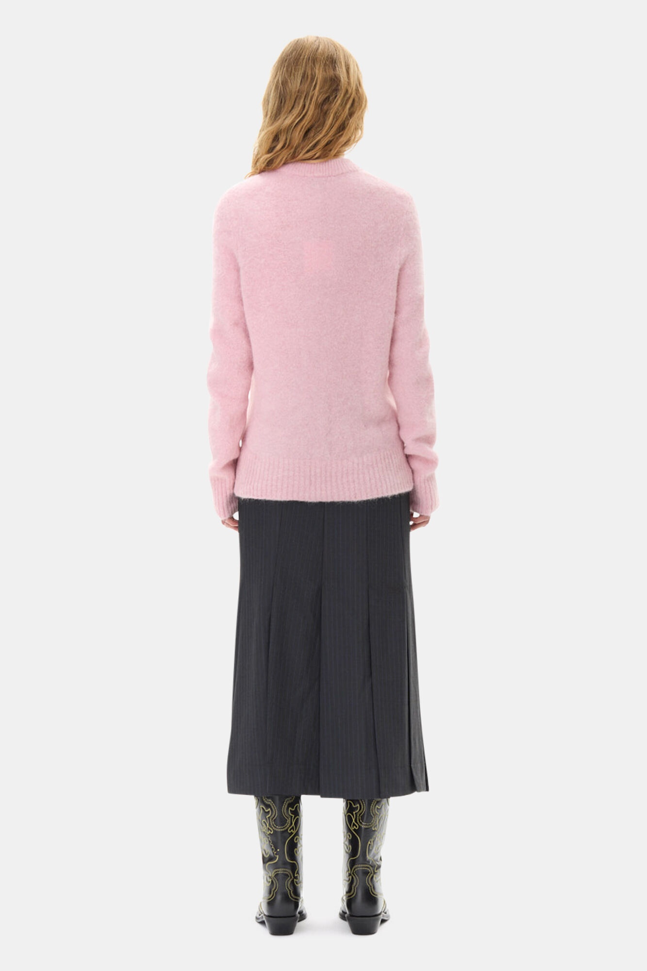 PINK BRUSHED ALPACA O-NECK SWEATER - 5