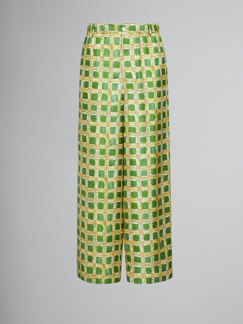 GREEN SILK TWILL TROUSERS WITH CHECK FIELDS PRINT - 1