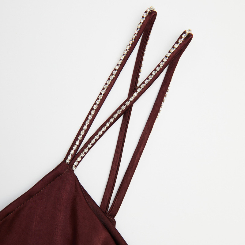 Brown Satin Diamante Maxi Dress 5