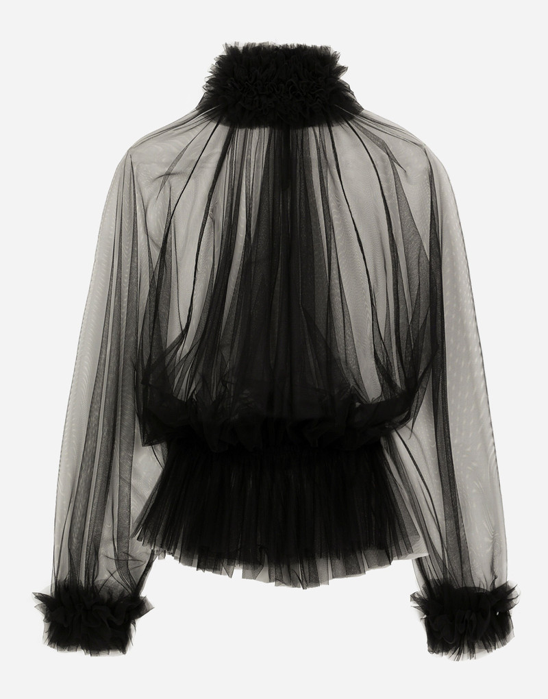 Tulle blouse with ruffles on the neck and cuffs 1