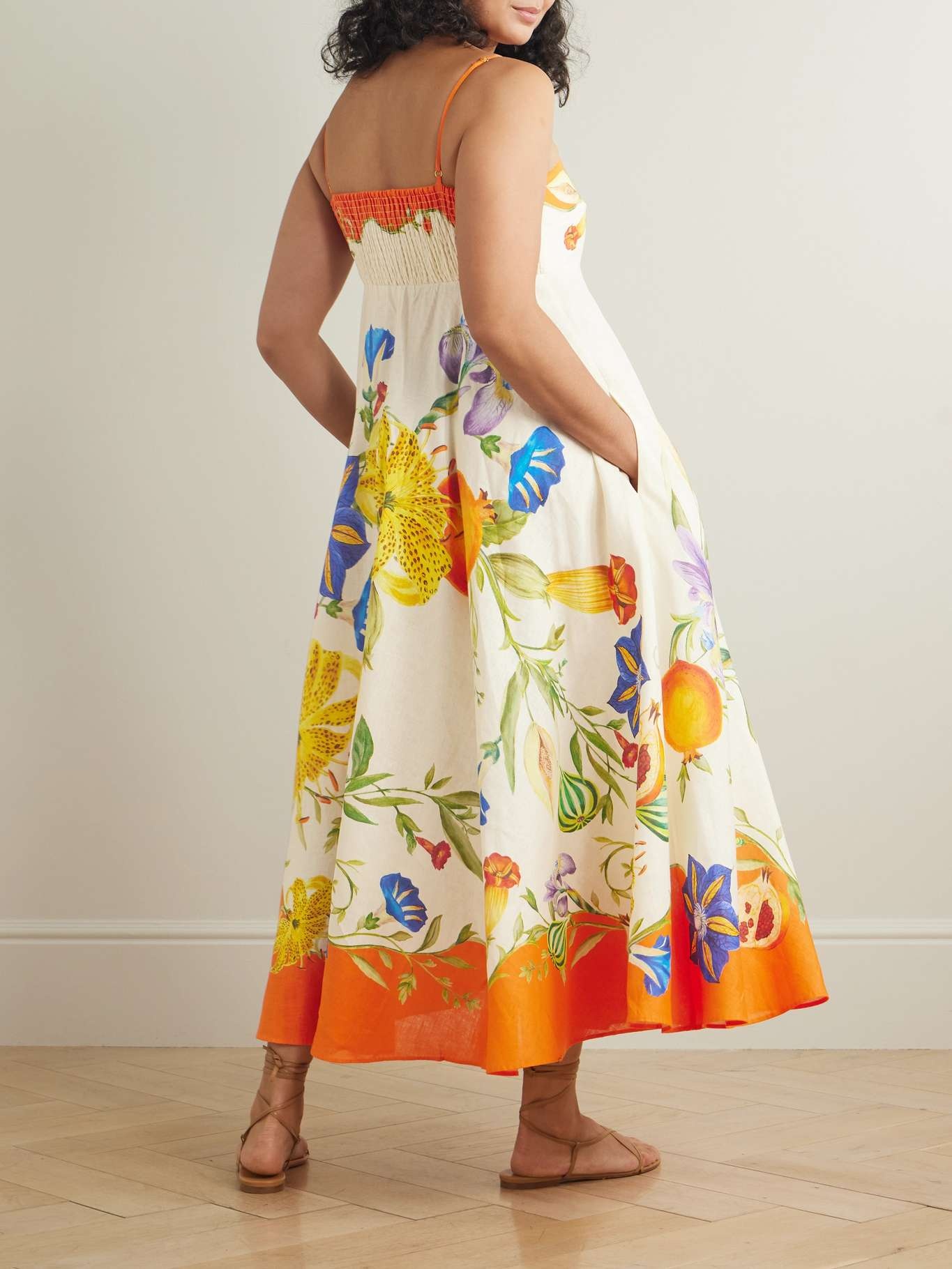 Flores floral-print smocked linen midi dress Multi - 3