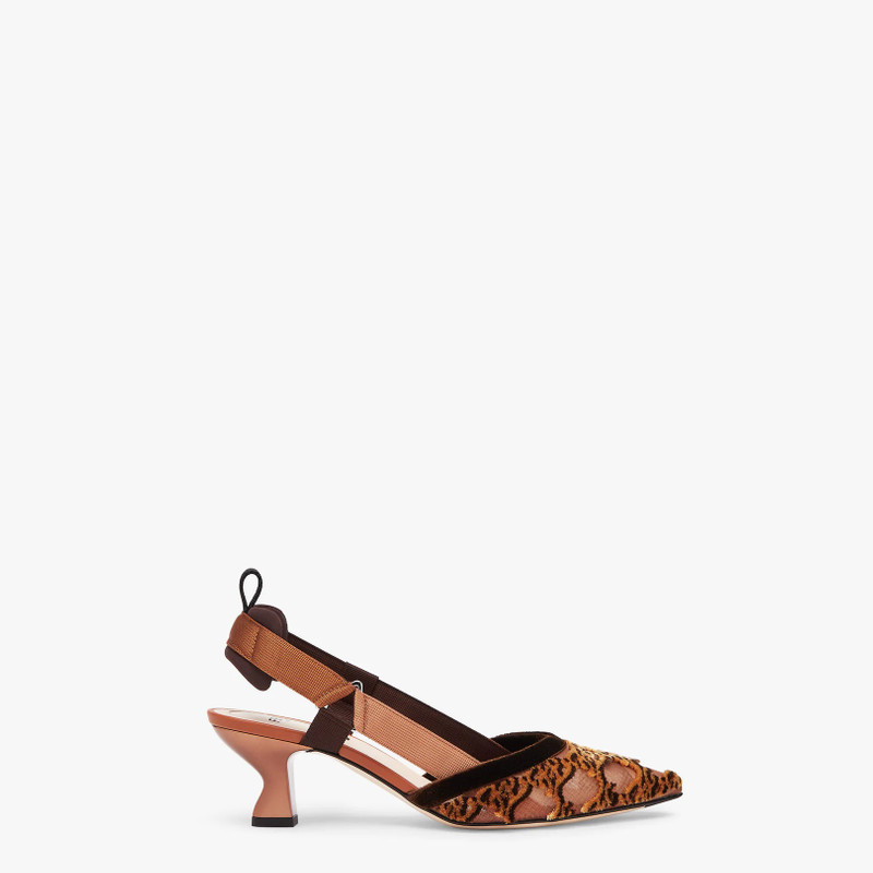 Brown mesh and embroidery medium-heeled slingbacks 1