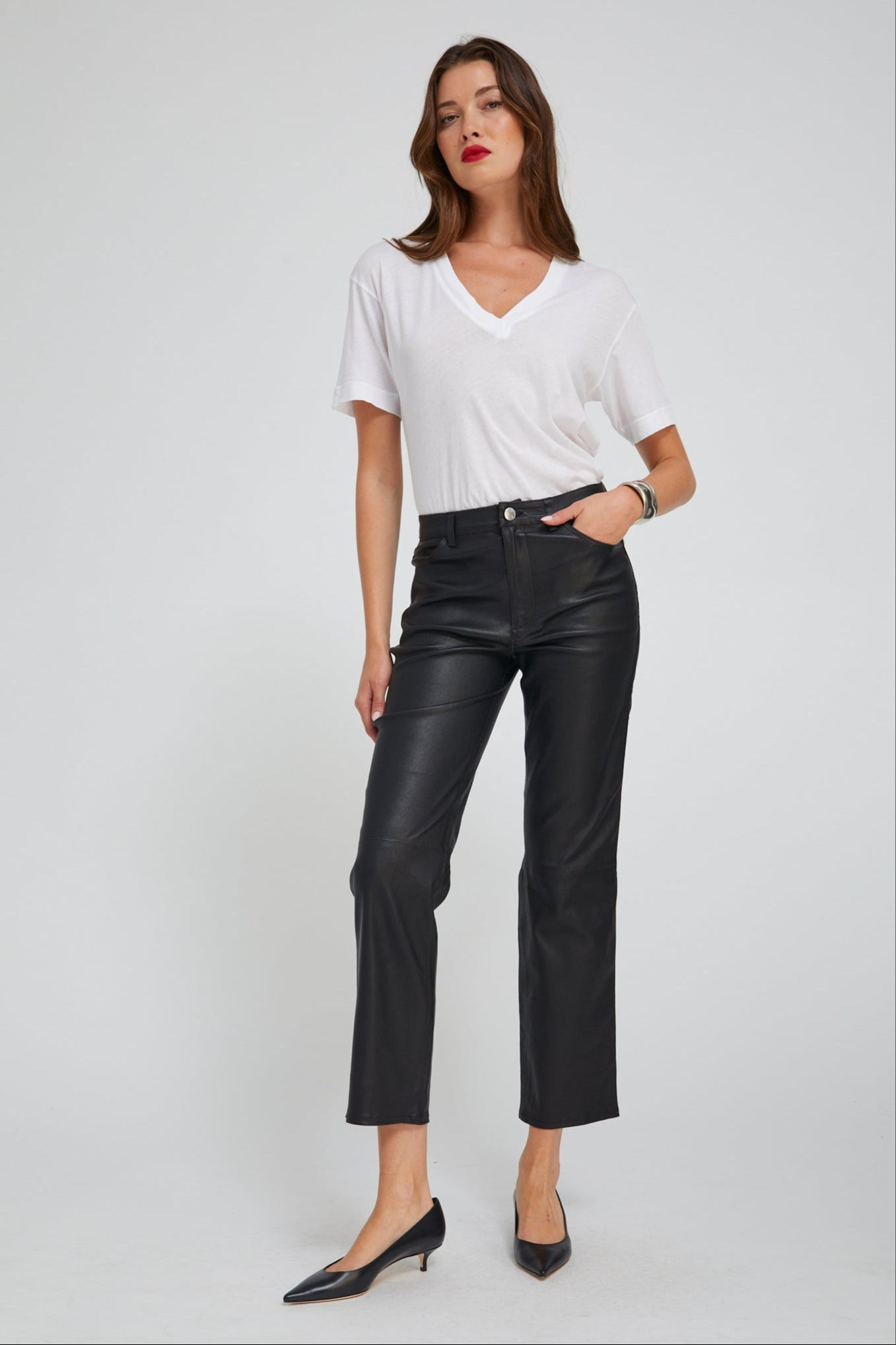 BLACK LEATHER 5 POCKET ANKLE SLIM STRAIGHT - 2