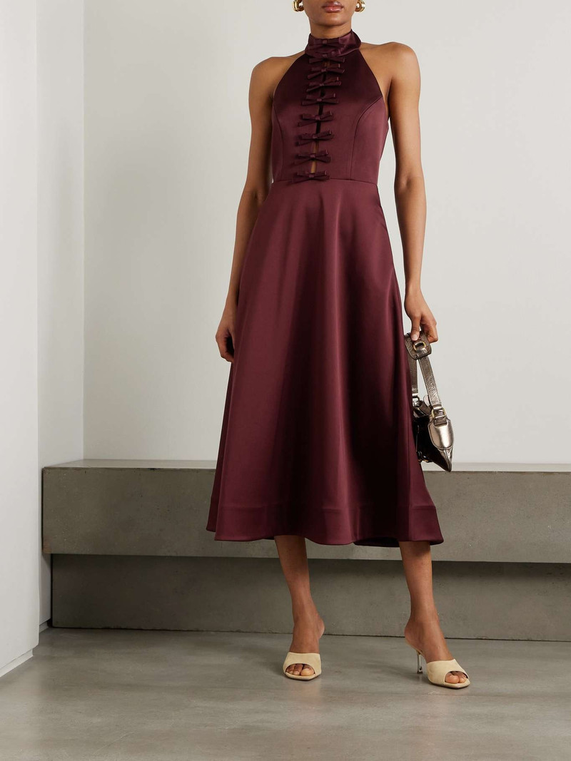 REBECCA VALLANCE Cutout bow-detailed duchesse-satin halterneck midi dress Burgundy outlook