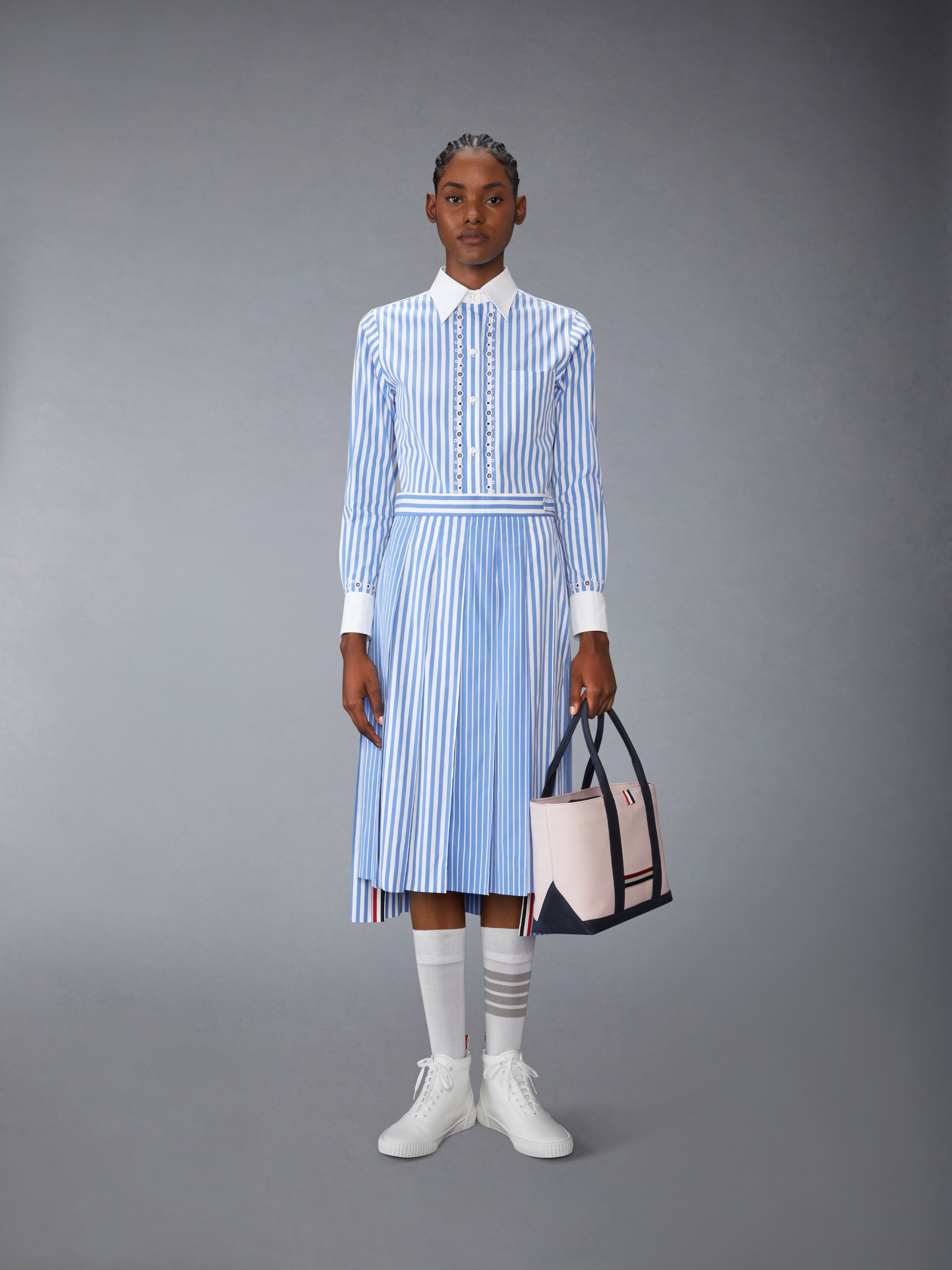 AWNING STRIPED POPLIN FUNMIX PLEATED SKIRT - 5